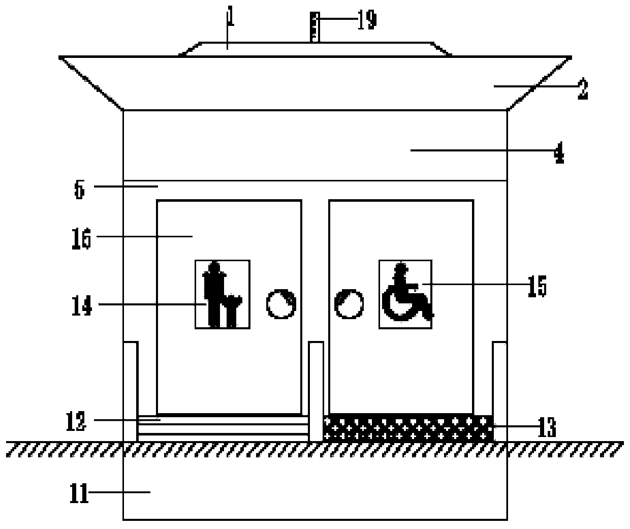 An outdoor men's public restroom structure