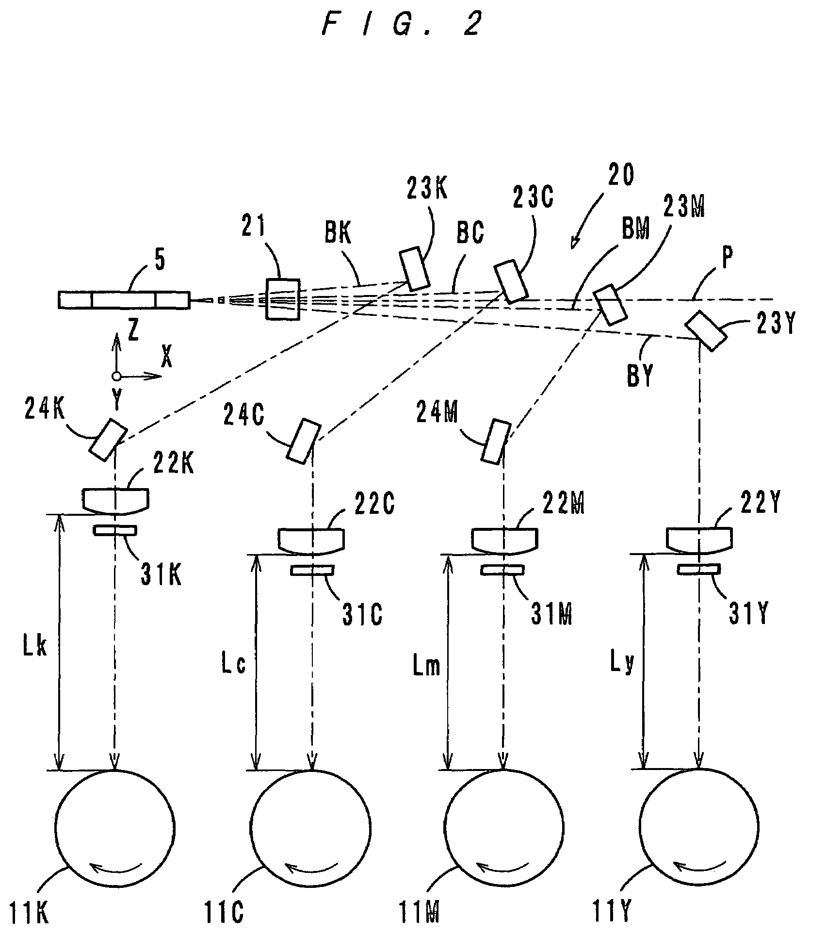 Laser scanning optical apparatus having exclusive optical elements at varying distances from receiving surfaces