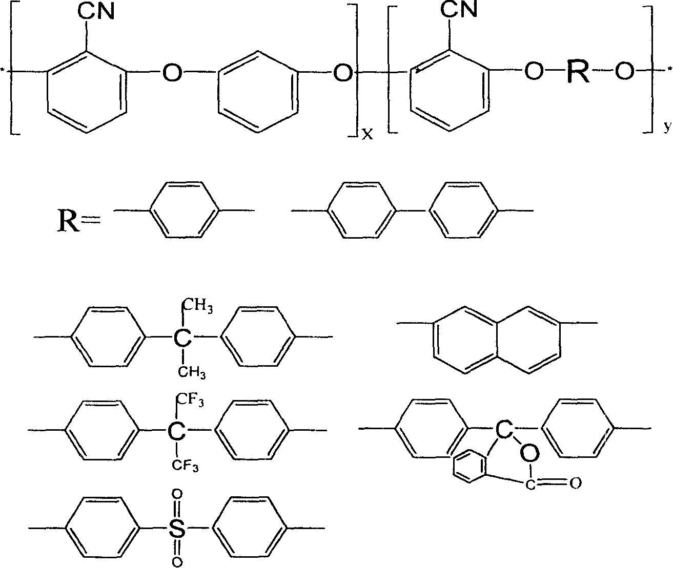 Copolymer of polyarylether nitrile containing chian element of iso-benzene and preparation method