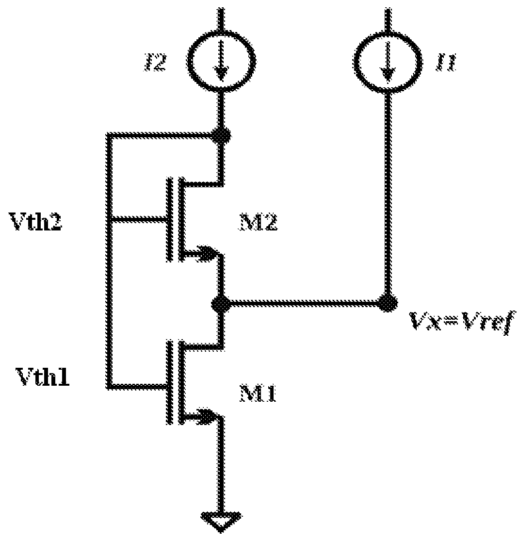 Temperature-compensated reference voltage system with very low power consumption based on an SCM structure with transistors of different threshold voltages