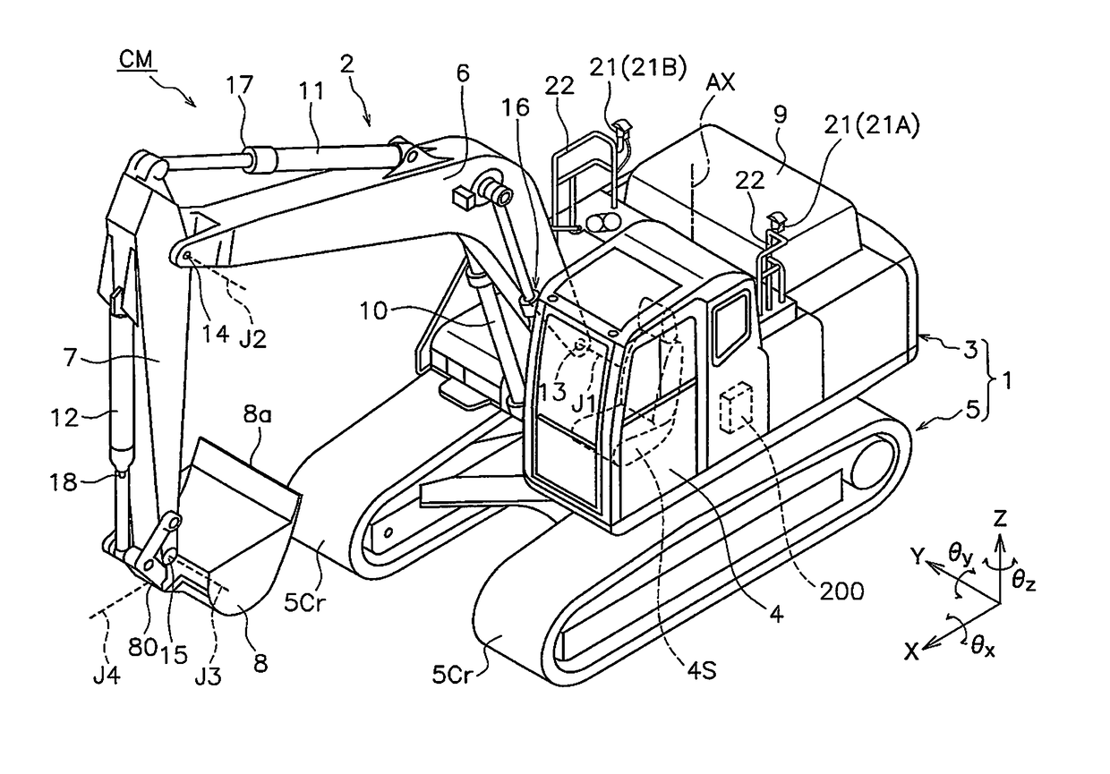 Work vehicle, bucket device, and method for obtaining tilt angle