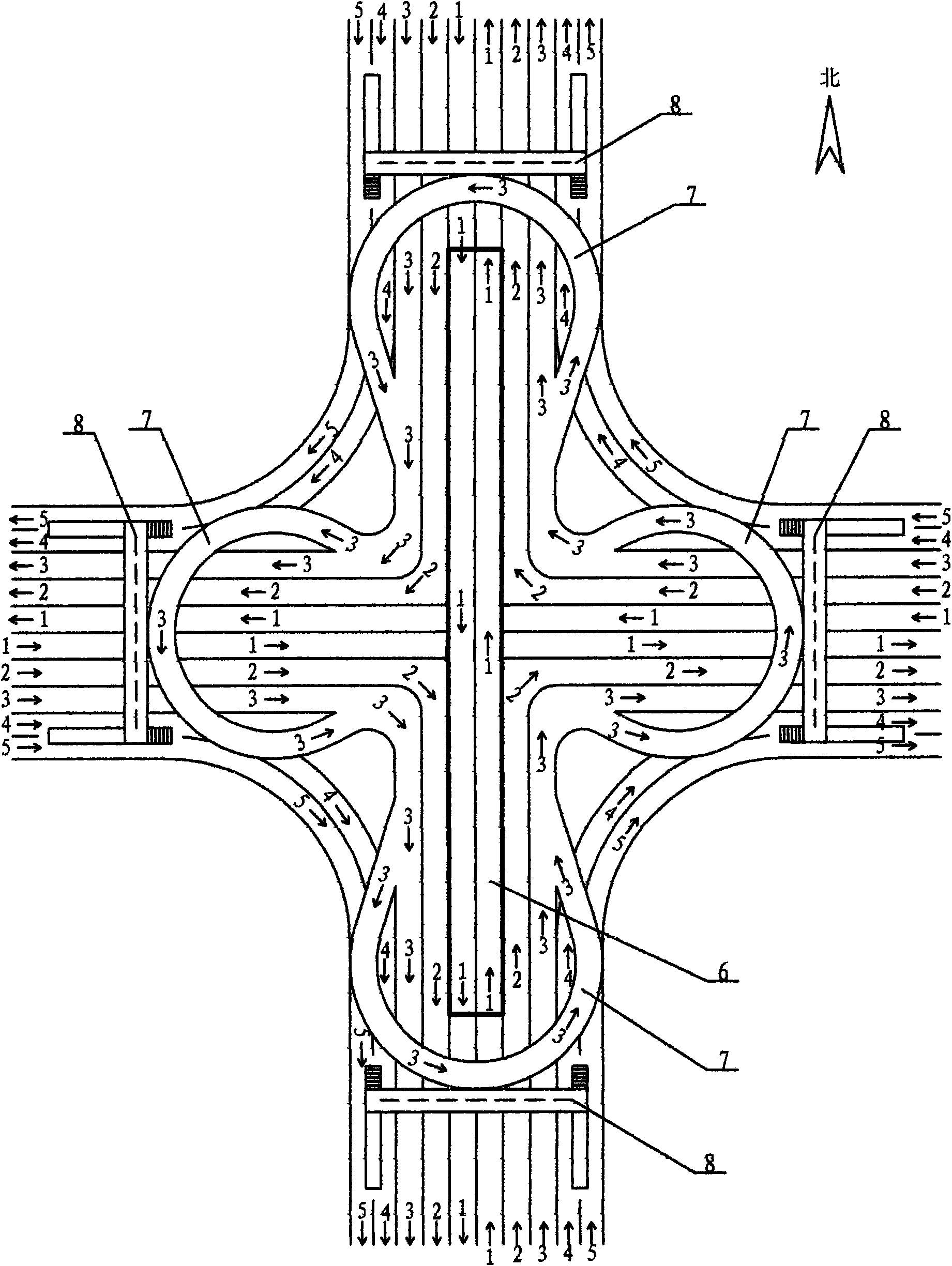 Crossway free-flowing type road structure and traffic route thereof