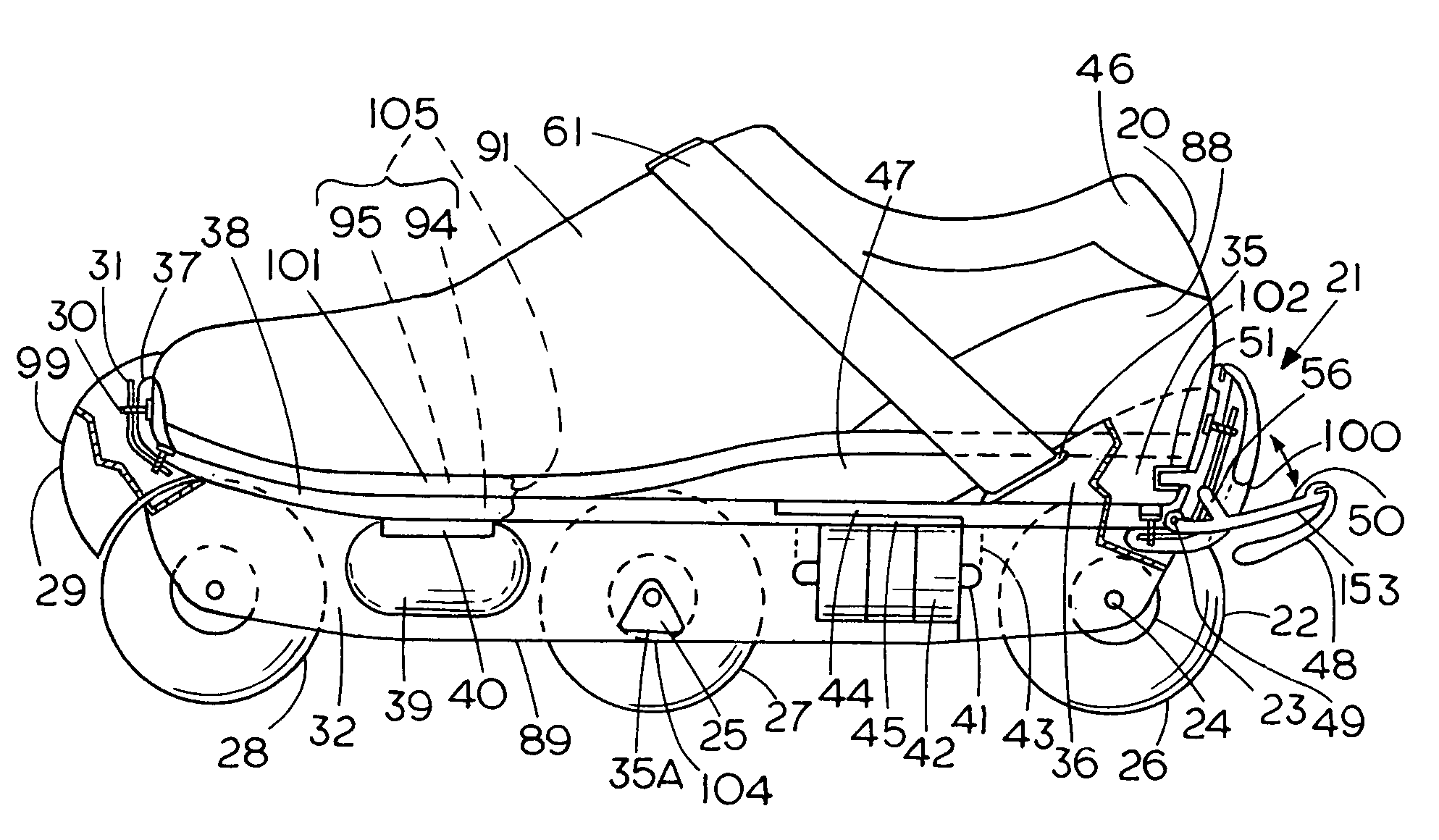 Wheeled skate with step-in binding and brakes