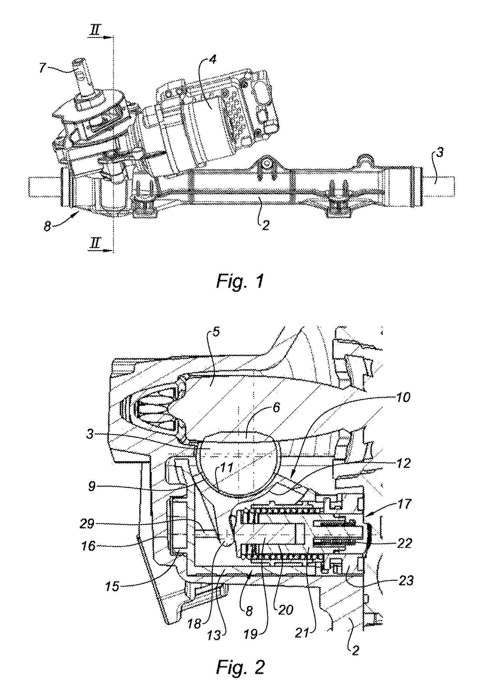 Push device with clearance compensation for rack-and-pinion steering of a motor vehicle