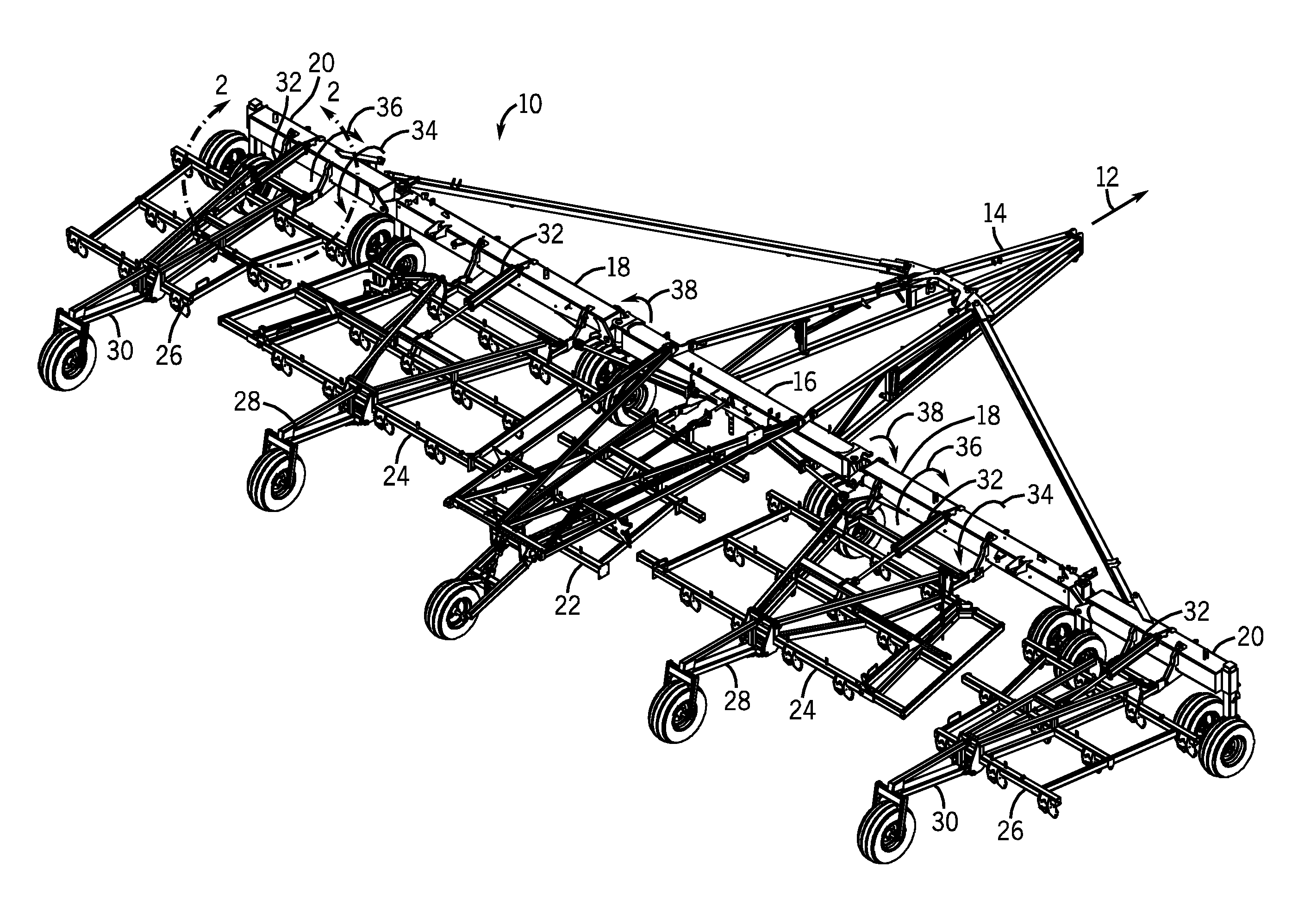 Agricultural implement tool frame actuating system
