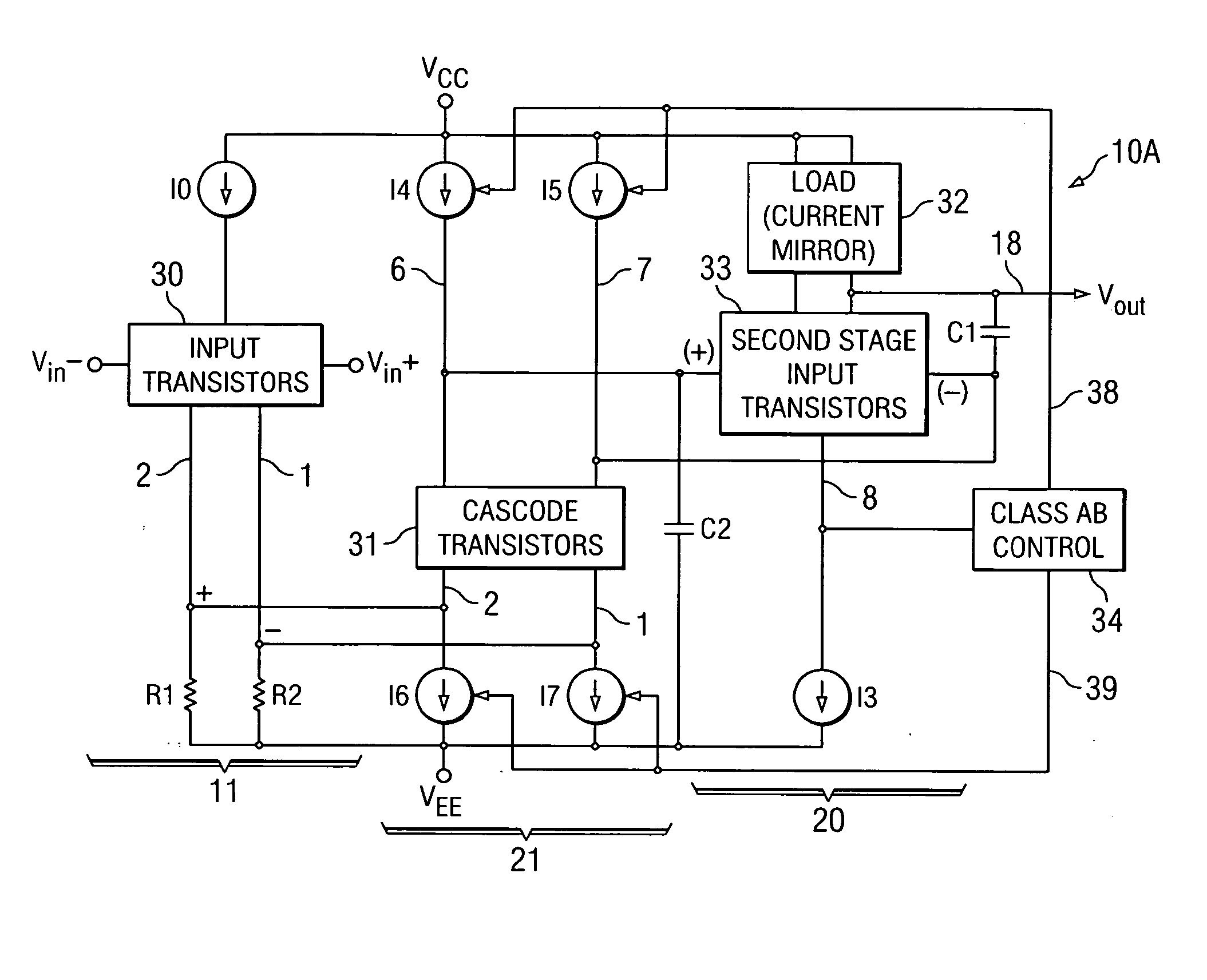 Class ab folded cascode stage and method for low noise, low power, low-offset operational amplilier