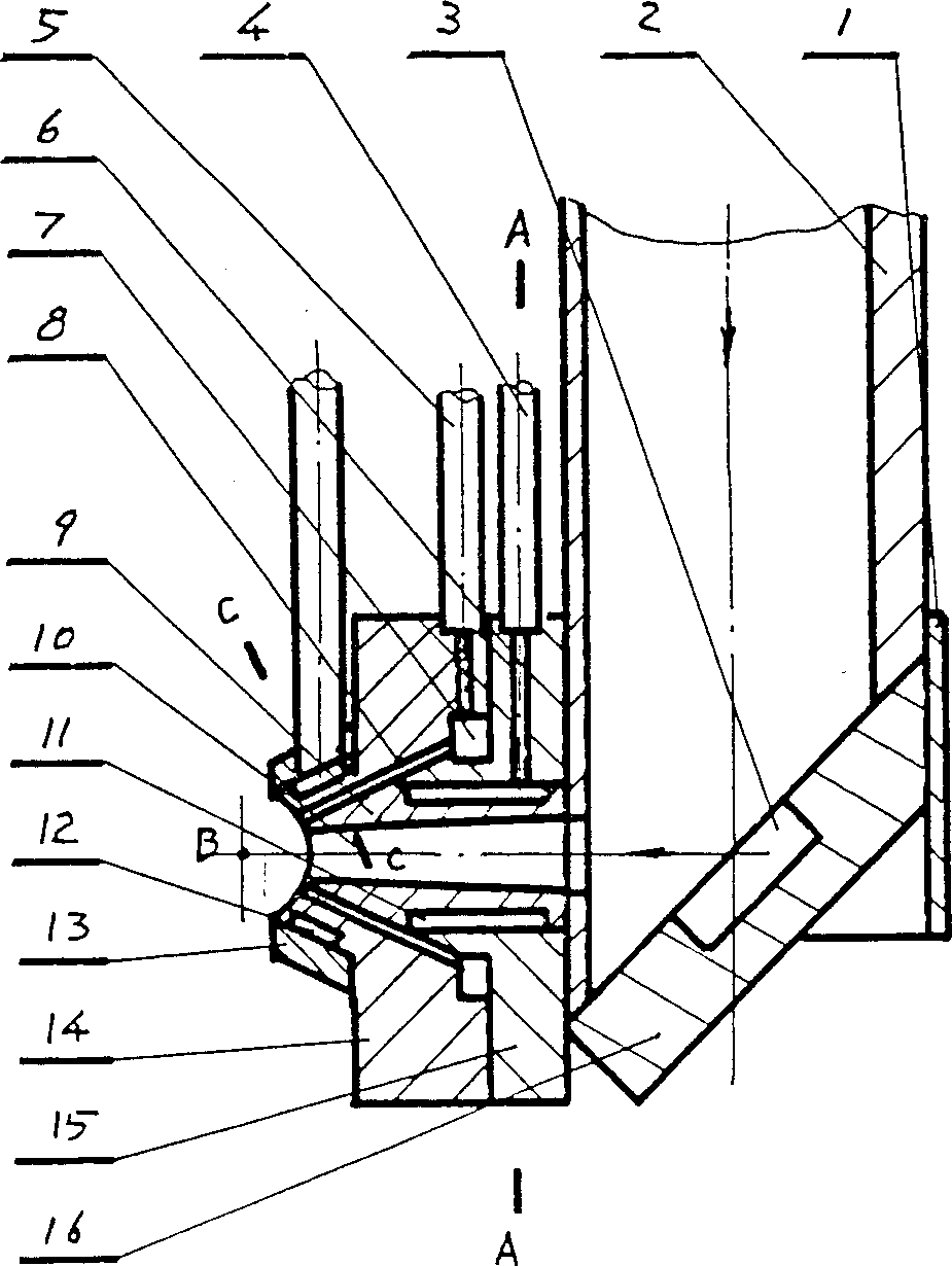 Coaxial powder-feeding mouth for inner wall laser metling covering and alloying treatment of hold pieces