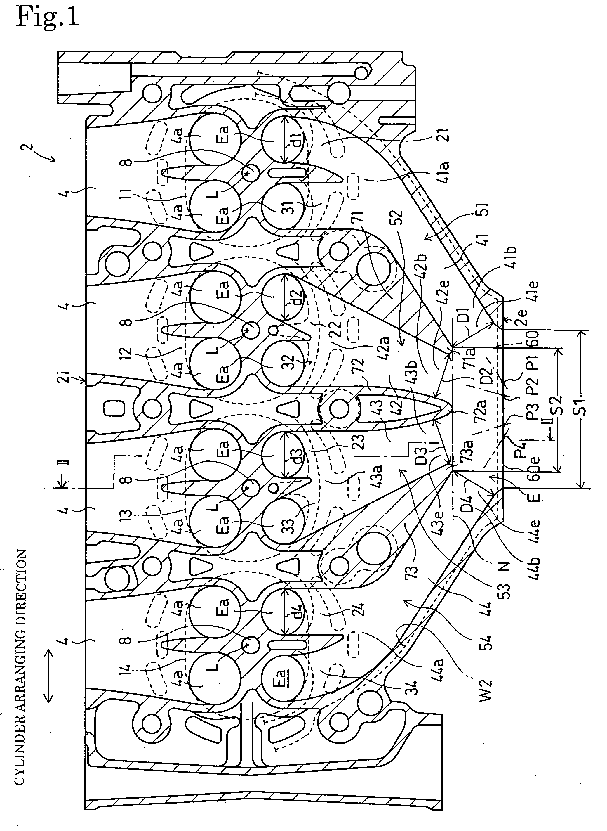 Multiple-cylinder internal combustion engine having cylinder head provided with centralized exhaust passageway