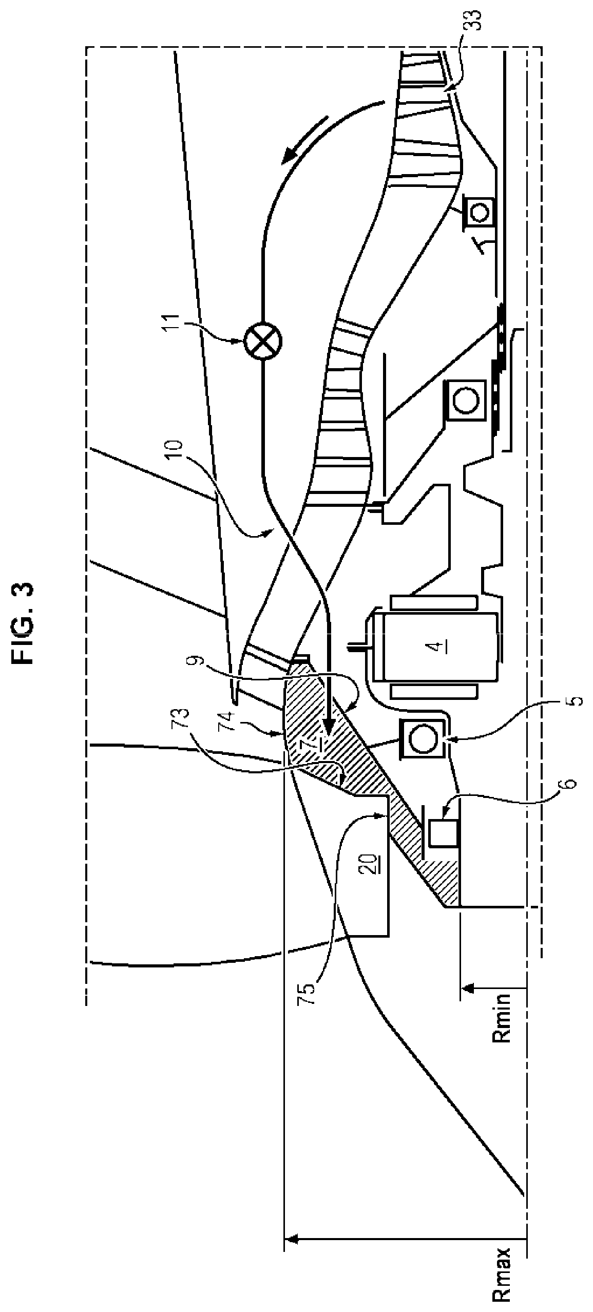 Turbomachine with axial force recovery at the fan via pressurized gas feed