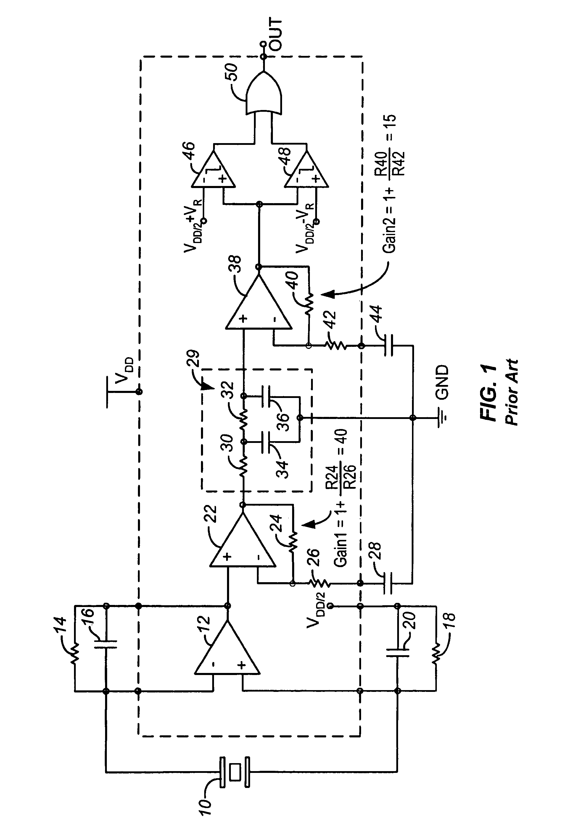 Shock detector with DC offset suppression using internal components