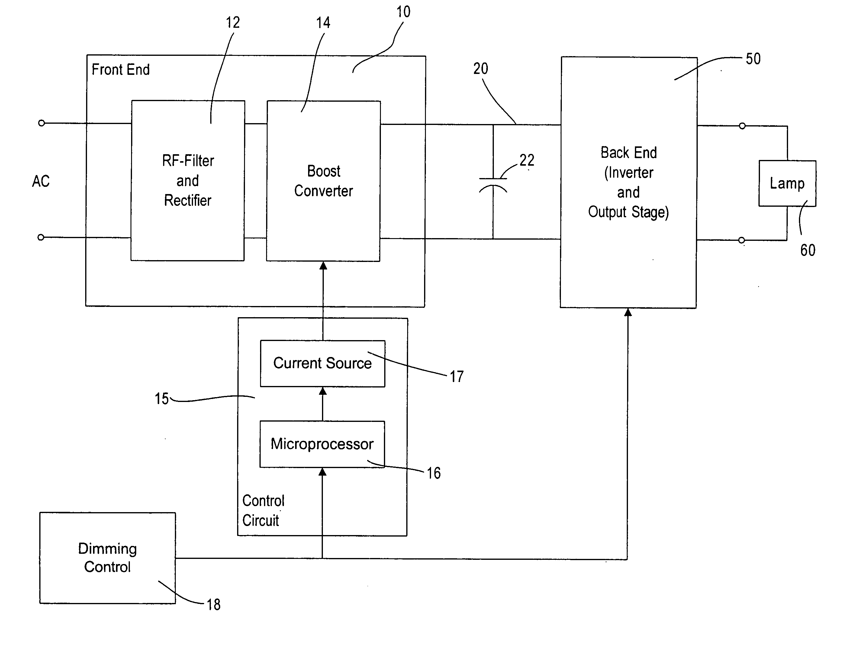 Lighting ballast having boost converter with on/off control and method of ballast operation