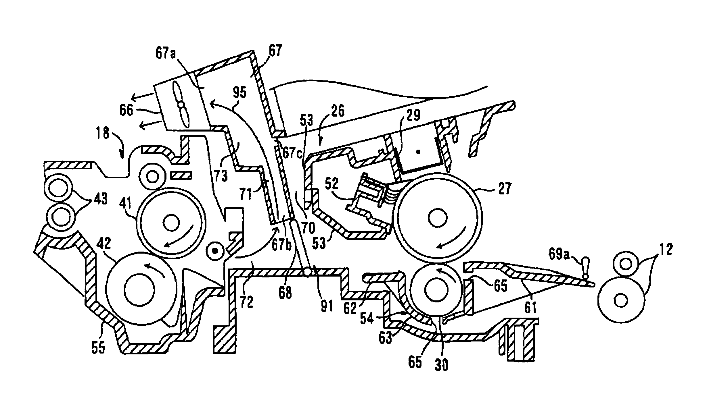 Image forming apparatus including air-flow direction changing around transferring device