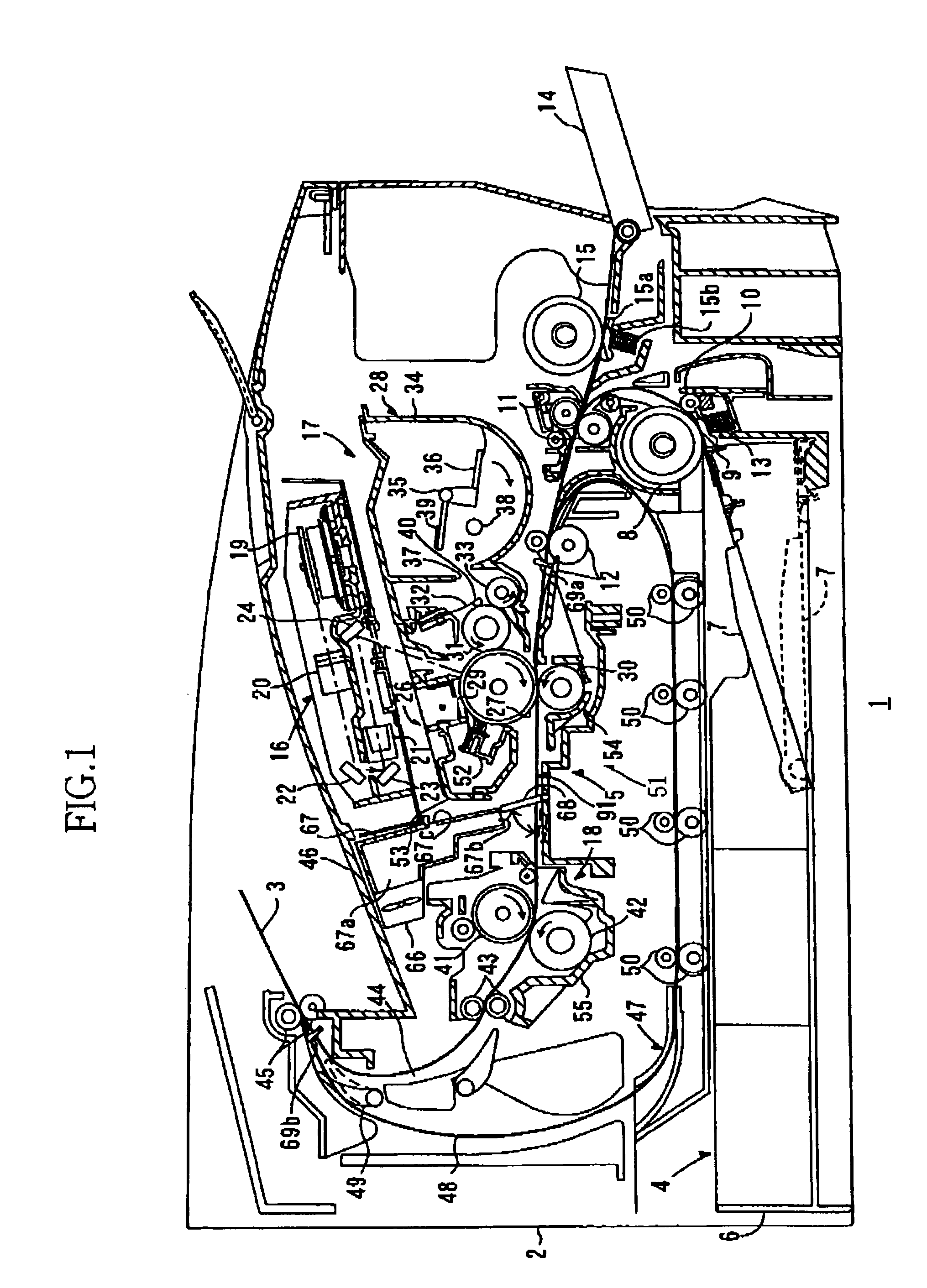 Image forming apparatus including air-flow direction changing around transferring device