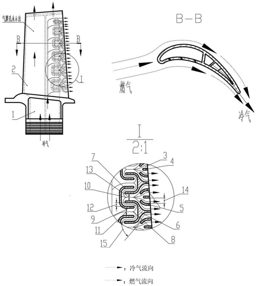 Turbine blade separation transverse rotation re-intersection type cooling structure