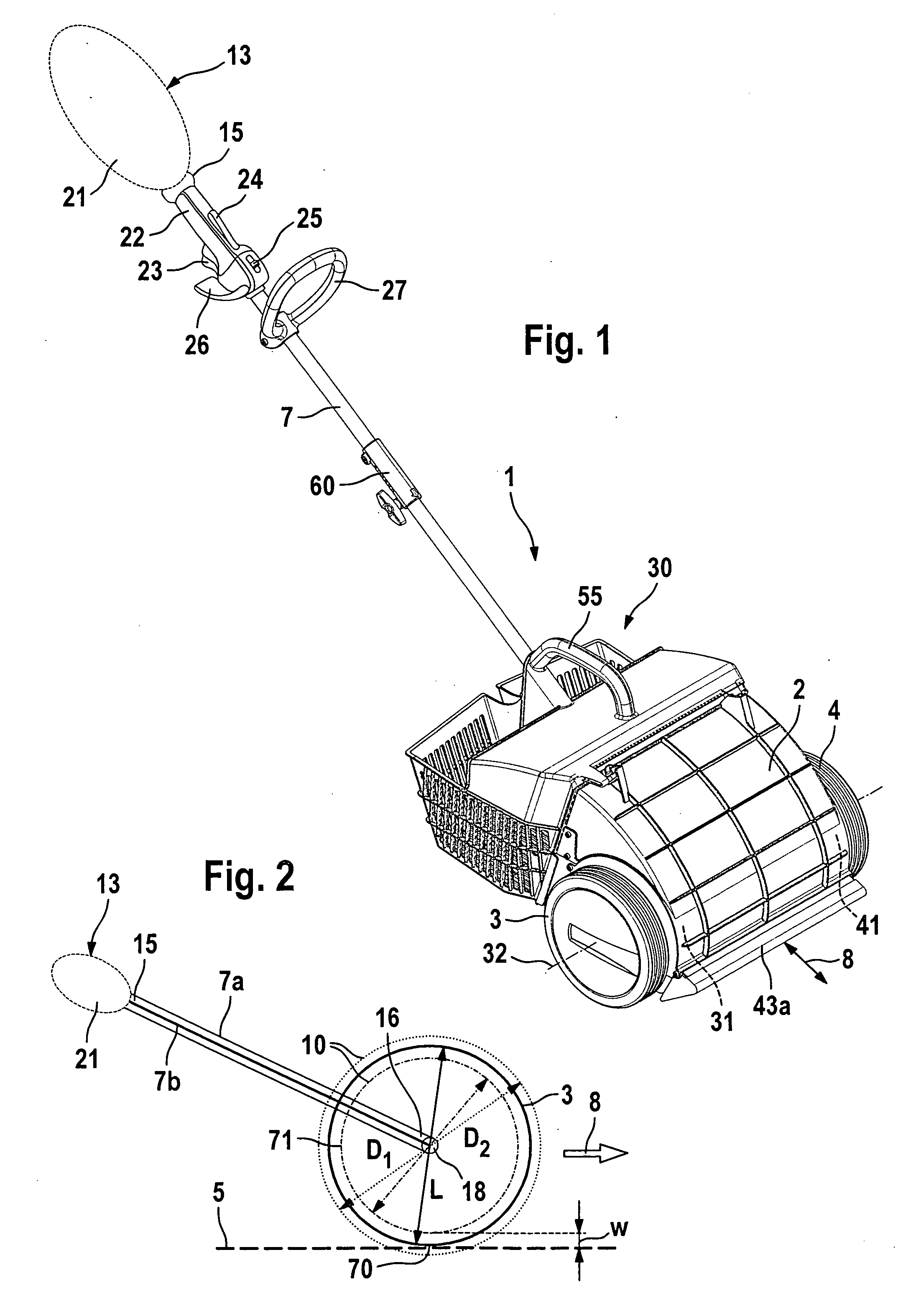 Manually guided apparatus for collecting fruits or nuts