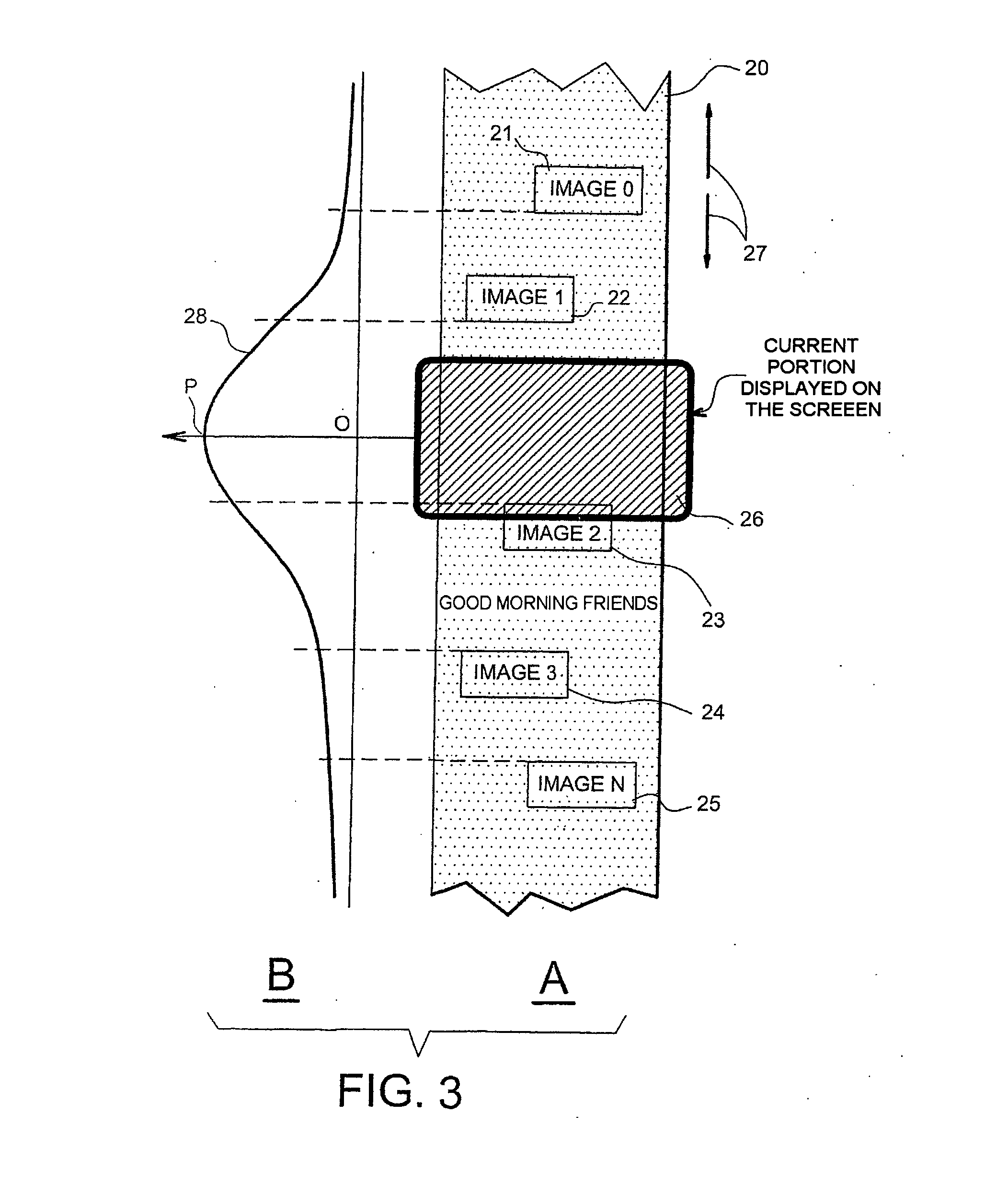 Unit and method for managing the display of a current portion of a document on a screen