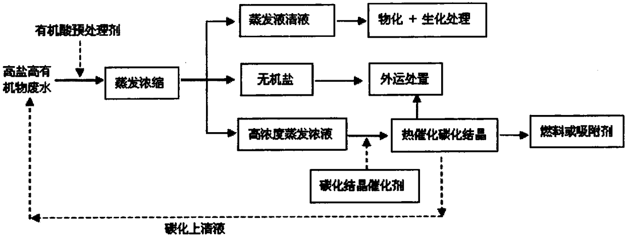 Treatment method for high-salt high-organic-matter waste water by evaporation concentration coupling thermocatalytic carbon crystallization