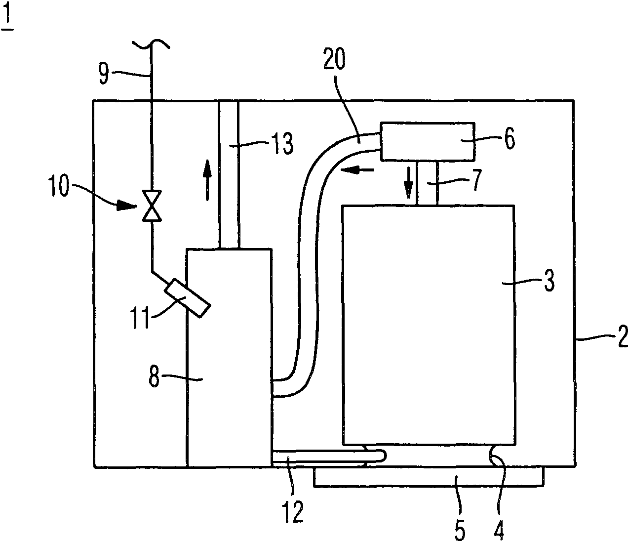 Water-transporting household device with a feed-in device with a warm and/or dry air unit
