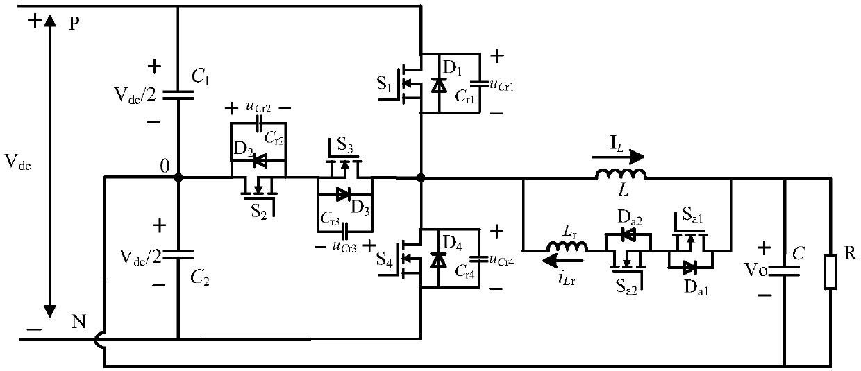 Auxiliary resonant conversion pole T-type three-level soft switch inversion circuit and modulation method thereof