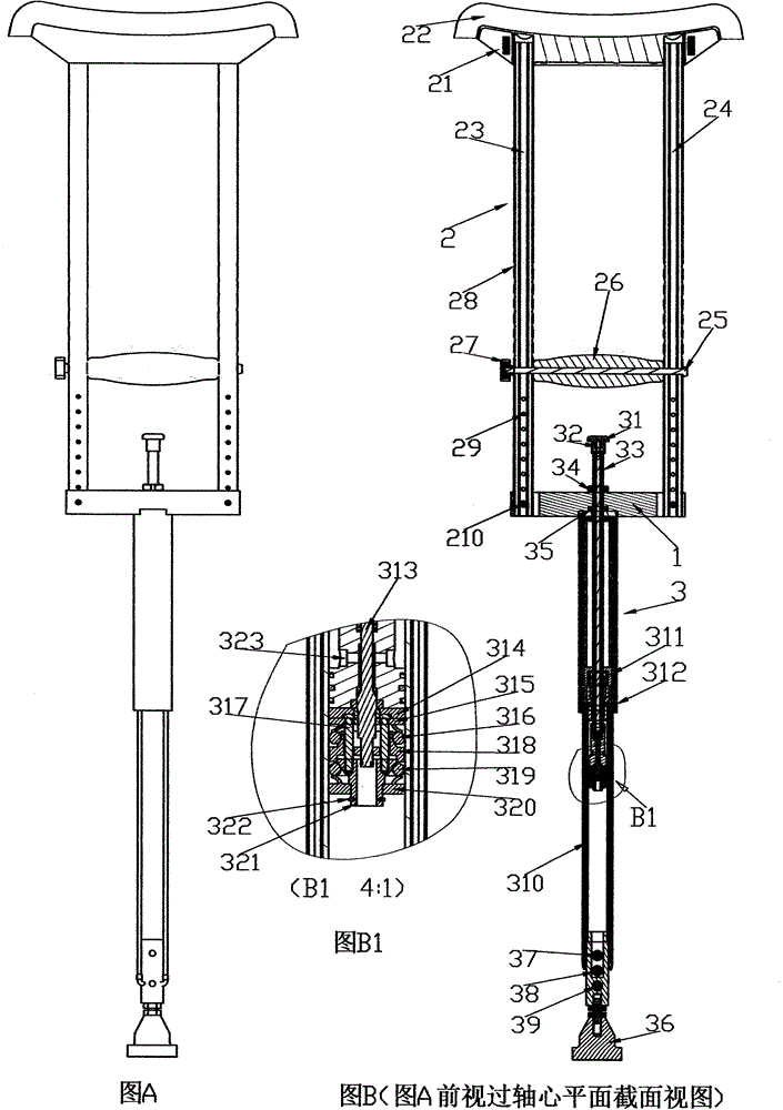 Telescopic crutch with pure mechanical button switch for timely adjusting height