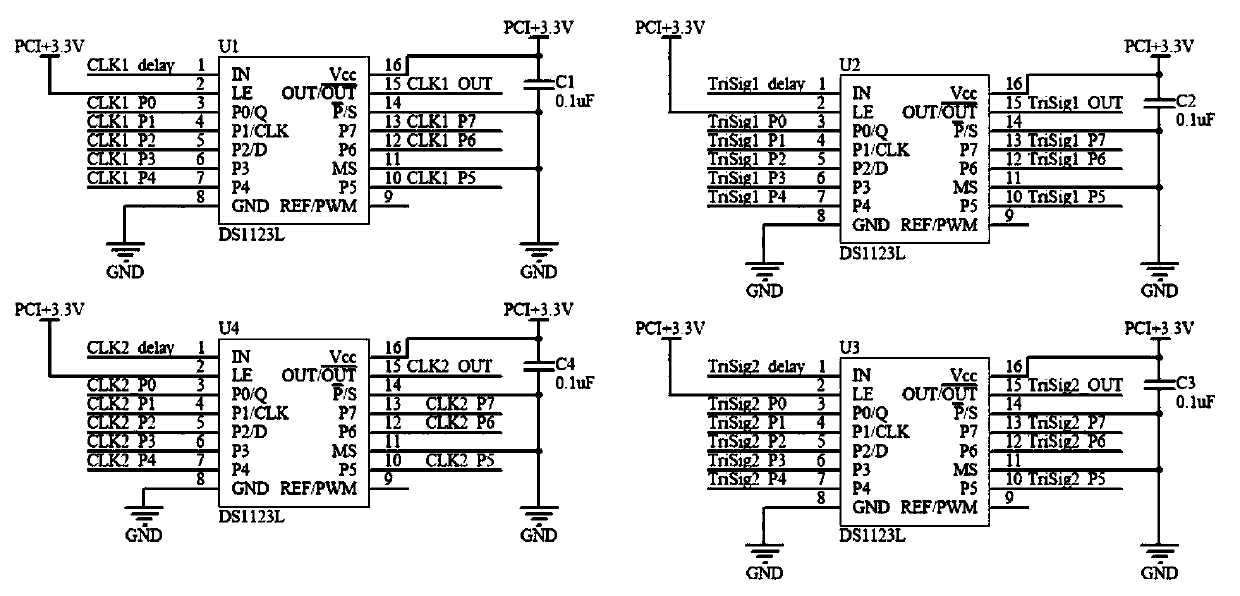 Dual-channel shared clock trigger delay adjusting device based on PCI bus