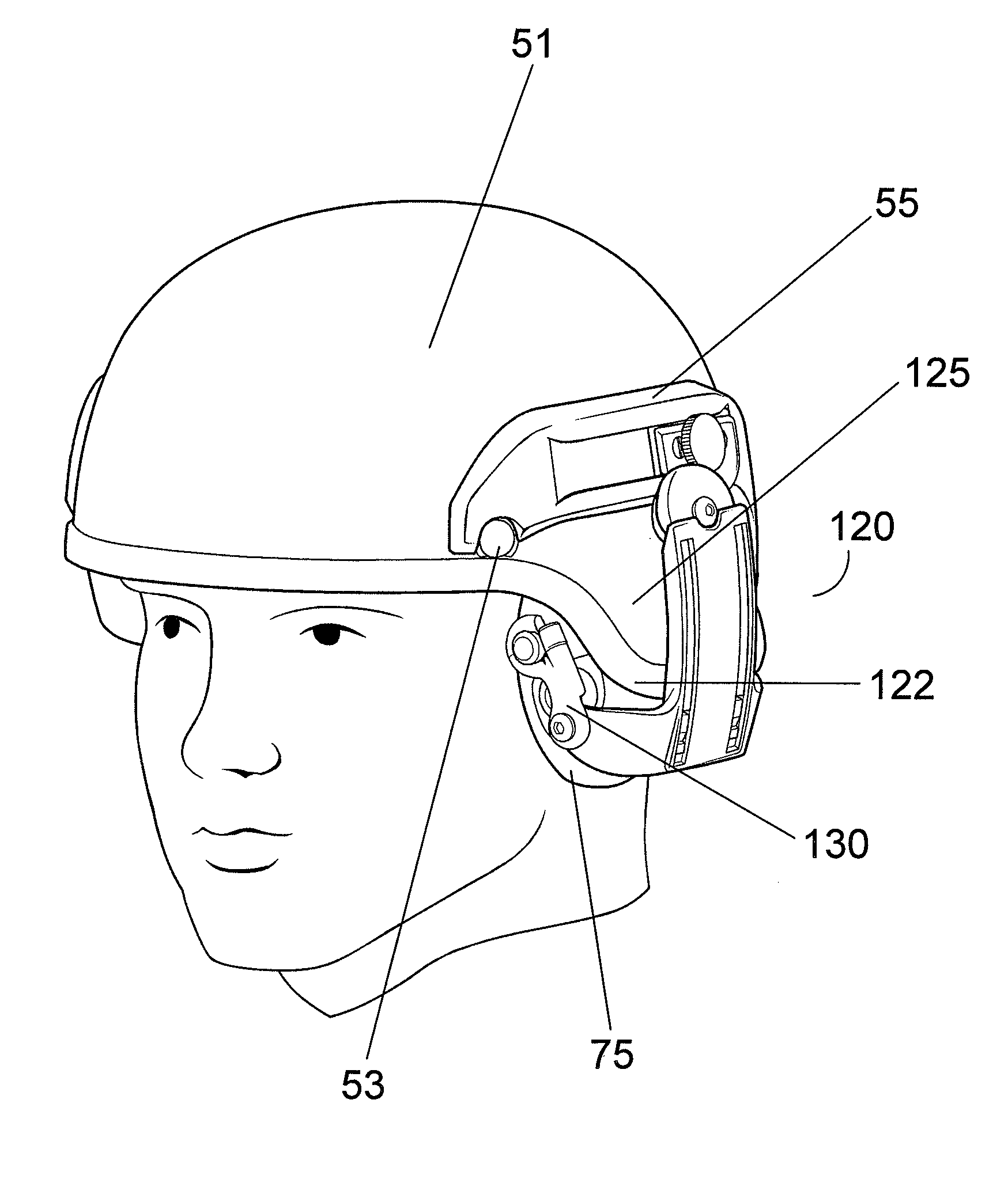 Hinged attachment of headgear to a helmet