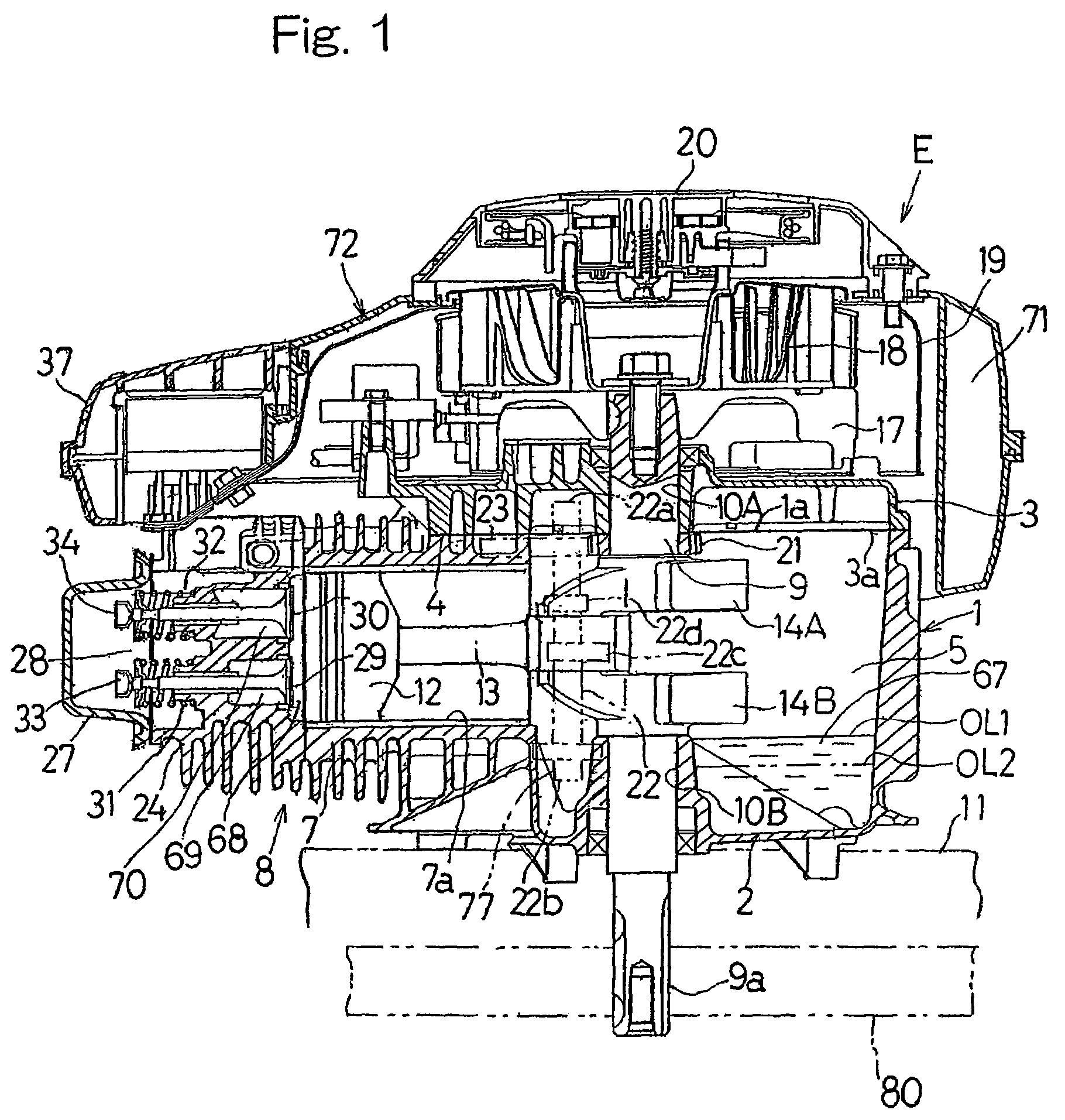 Combustion engine of vertical shaft type