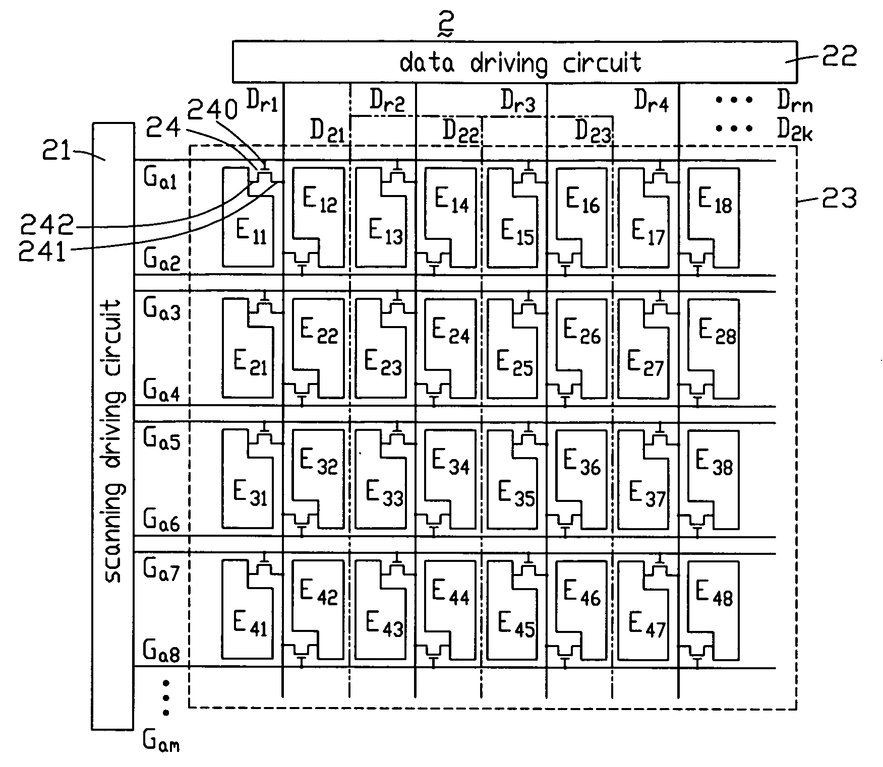 Active matrix display device with dummy data lines