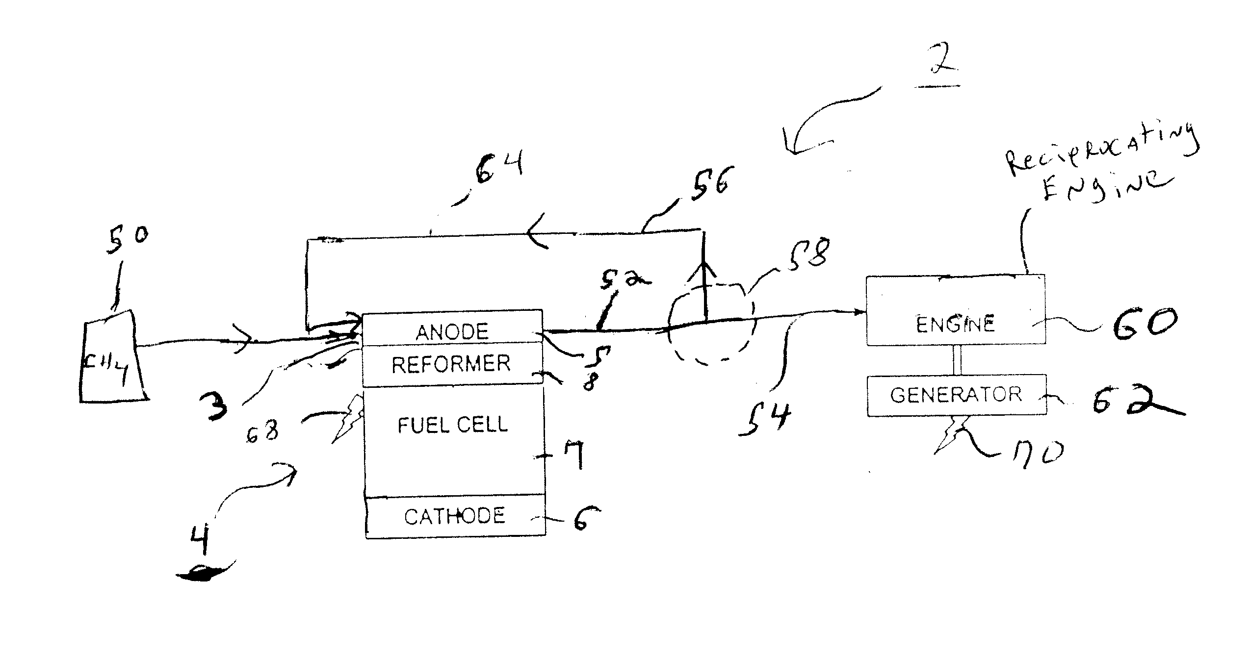 Power generation system utilizing a fuel cell integrated with a combustion engine