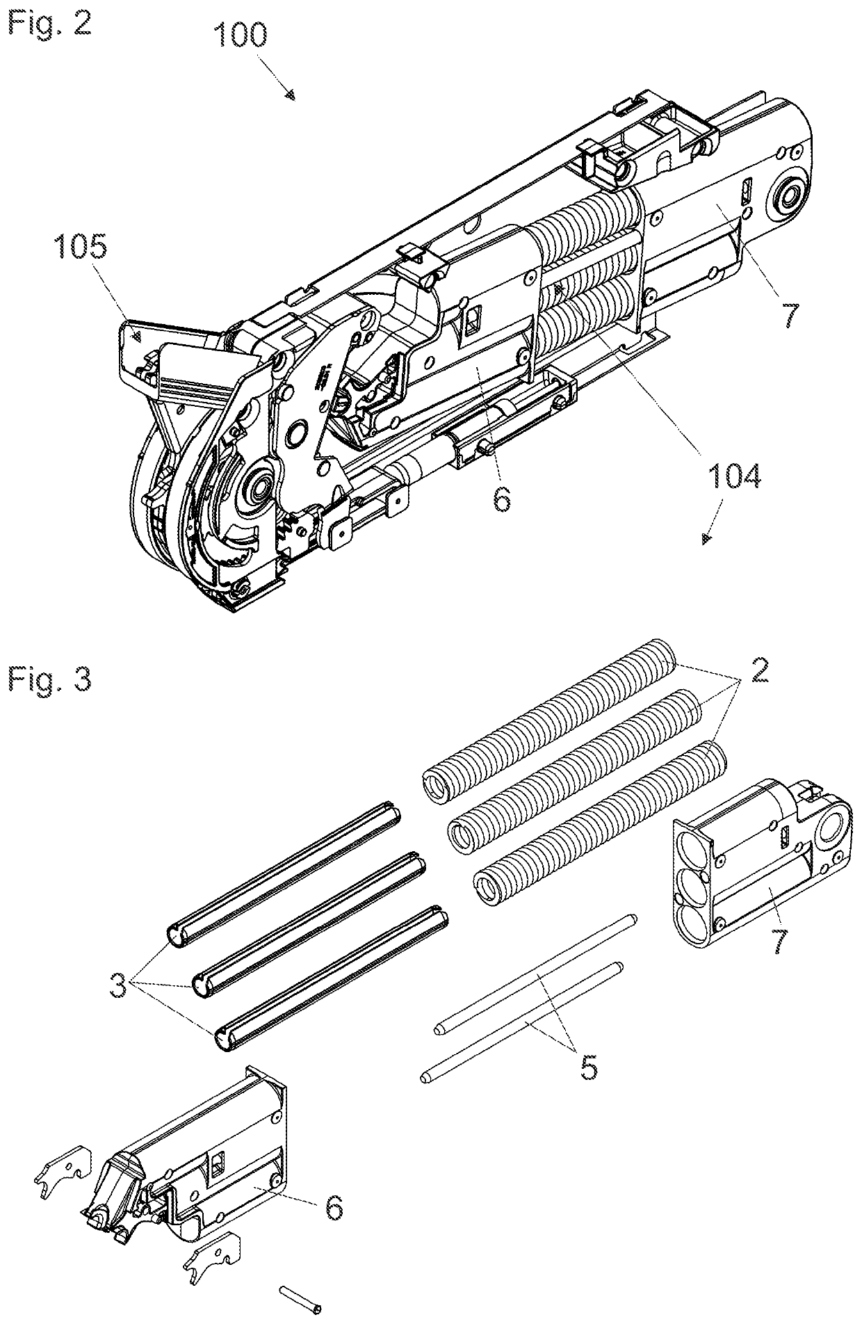 Actuating arm drive with spring guide