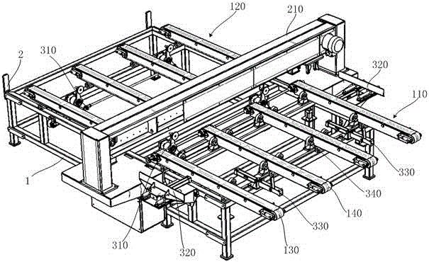 Conveying and trimming assembly used for melamine board, trimming and board discharging assembly and achieving method of conveying and trimming assembly and trimming and board discharging assembly