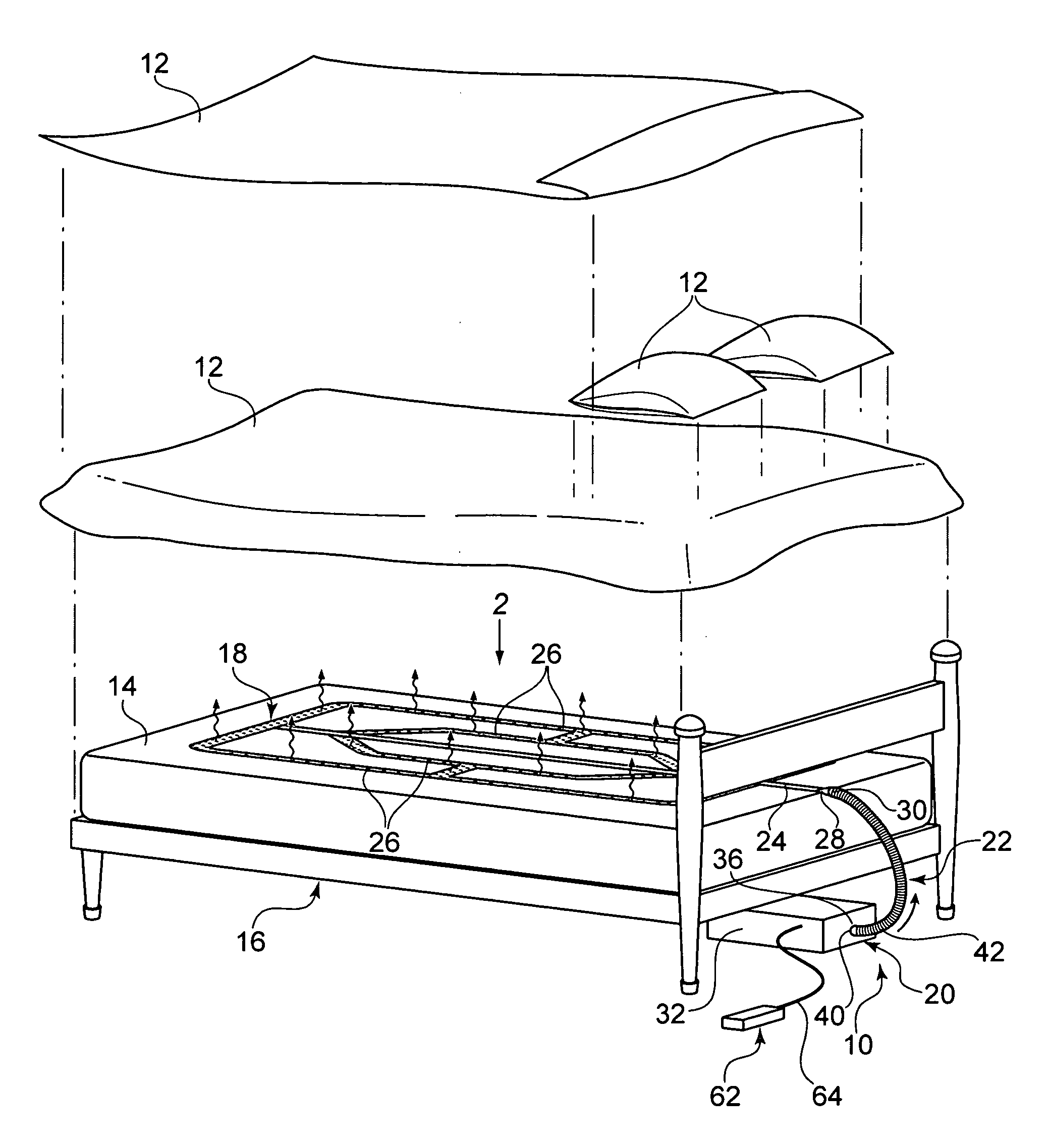 Device for heating, cooling and emitting fragrance into bedding on a bed