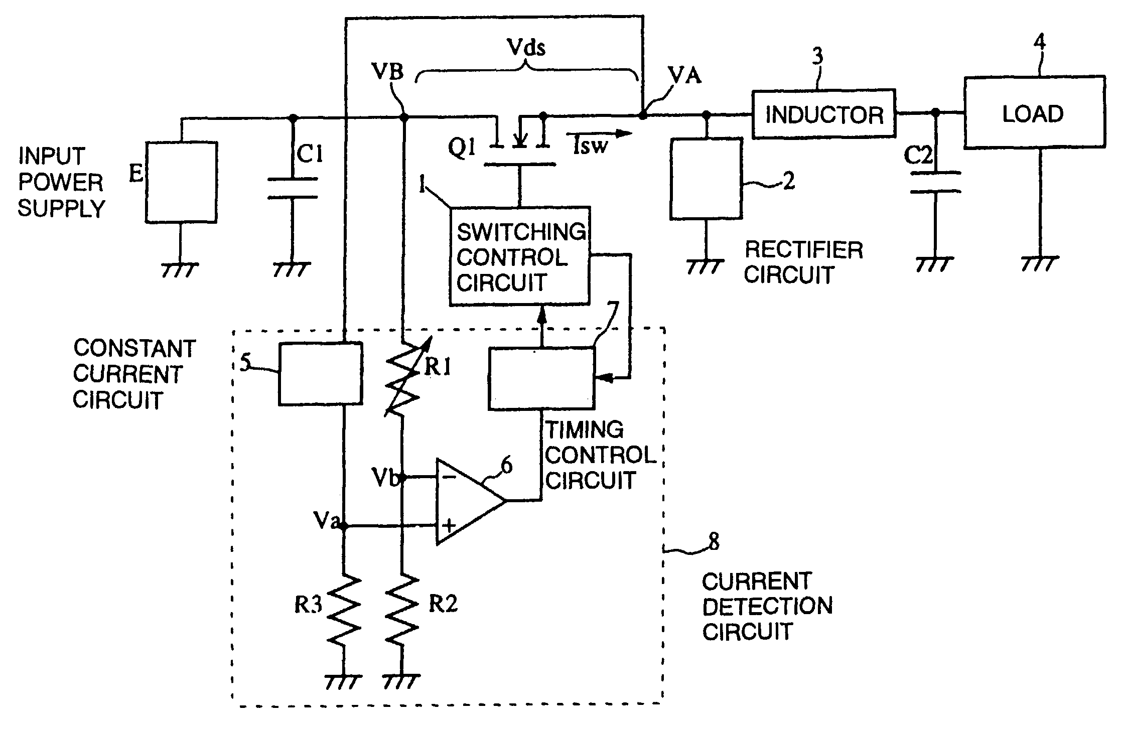Switching power supply with overcurrent protection and method