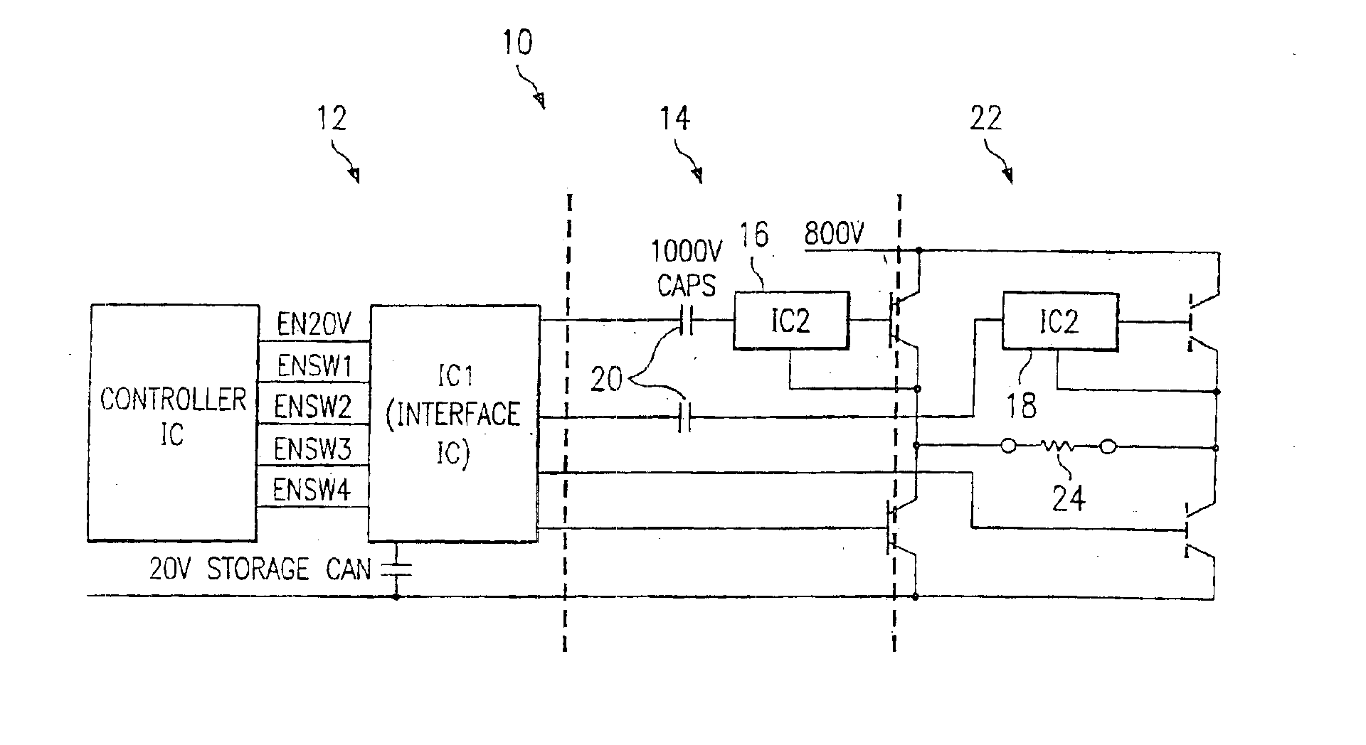 Power supply with control circuit for controlling a high voltage circuit using a low voltage circuit