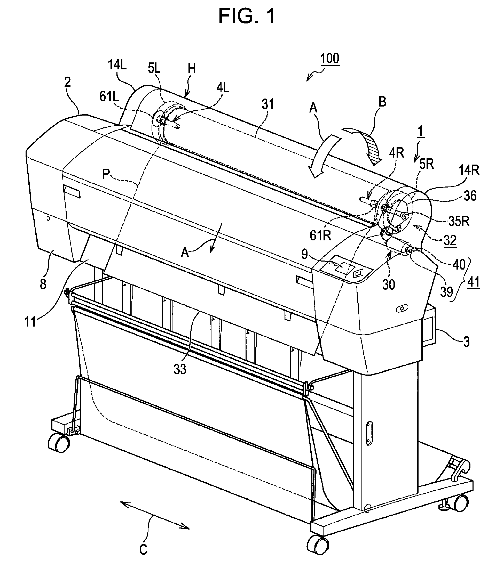 Transport device for transporting roll-shaped recording medium and recording apparatus