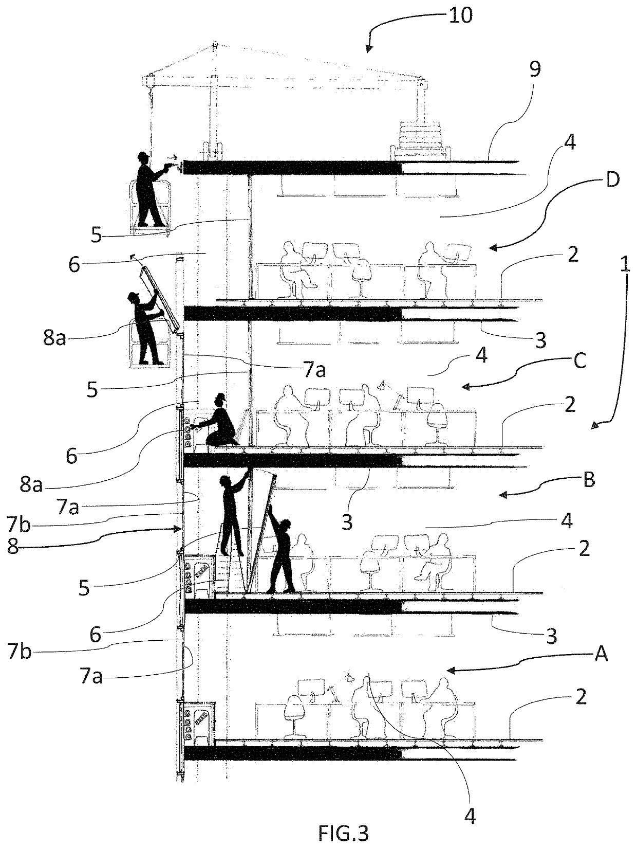 Modular elements comprising integrated air conditioning units and adapted to replace façade portions of buildings in correspondence with at least one floor of the buildings and corresponding processes for removing and replacing the façade portions with the modular elements