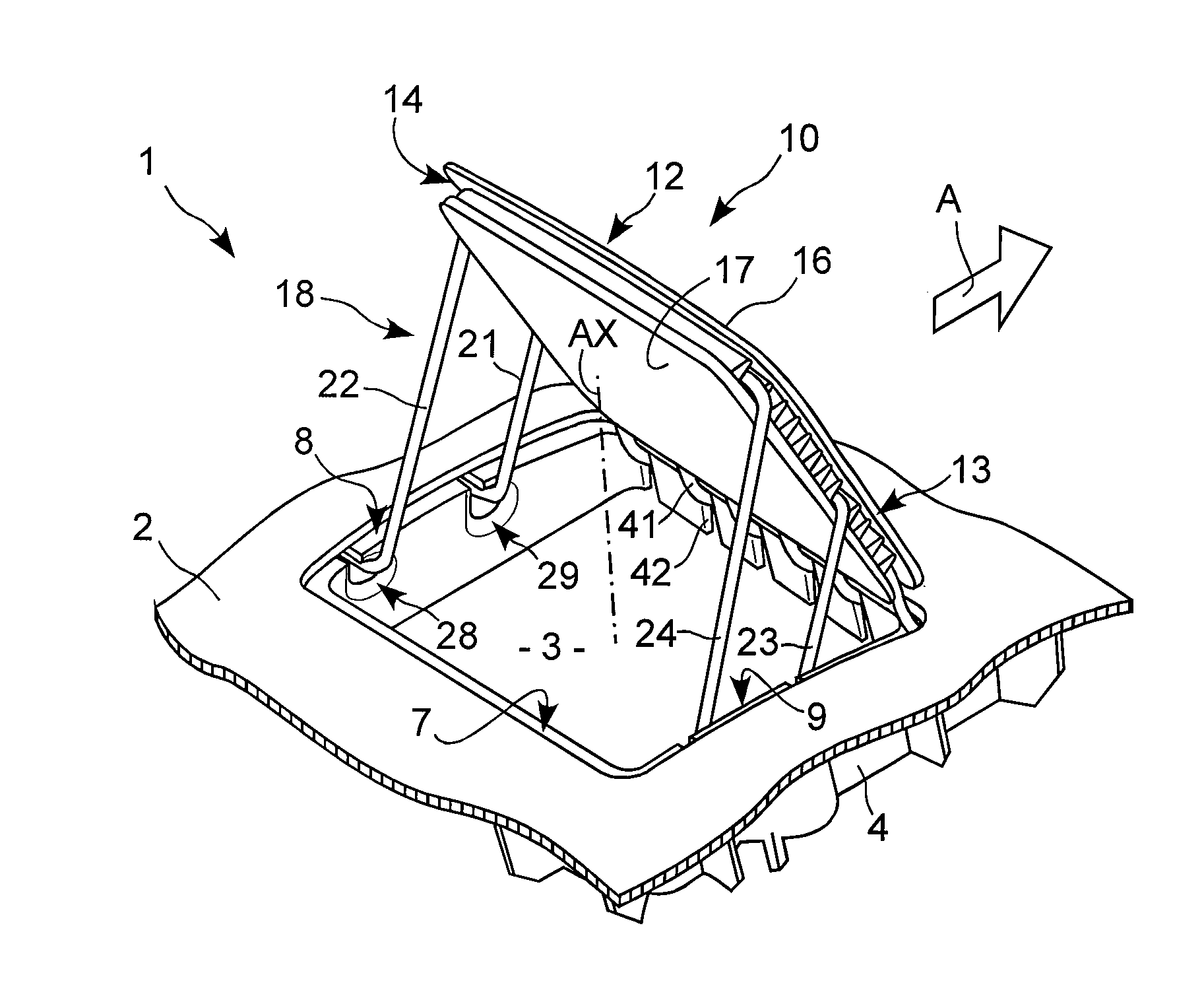 Inflatable airbag arrangement comprising a flap connected to an instrument panel by a linear link having four parallel retaining portions