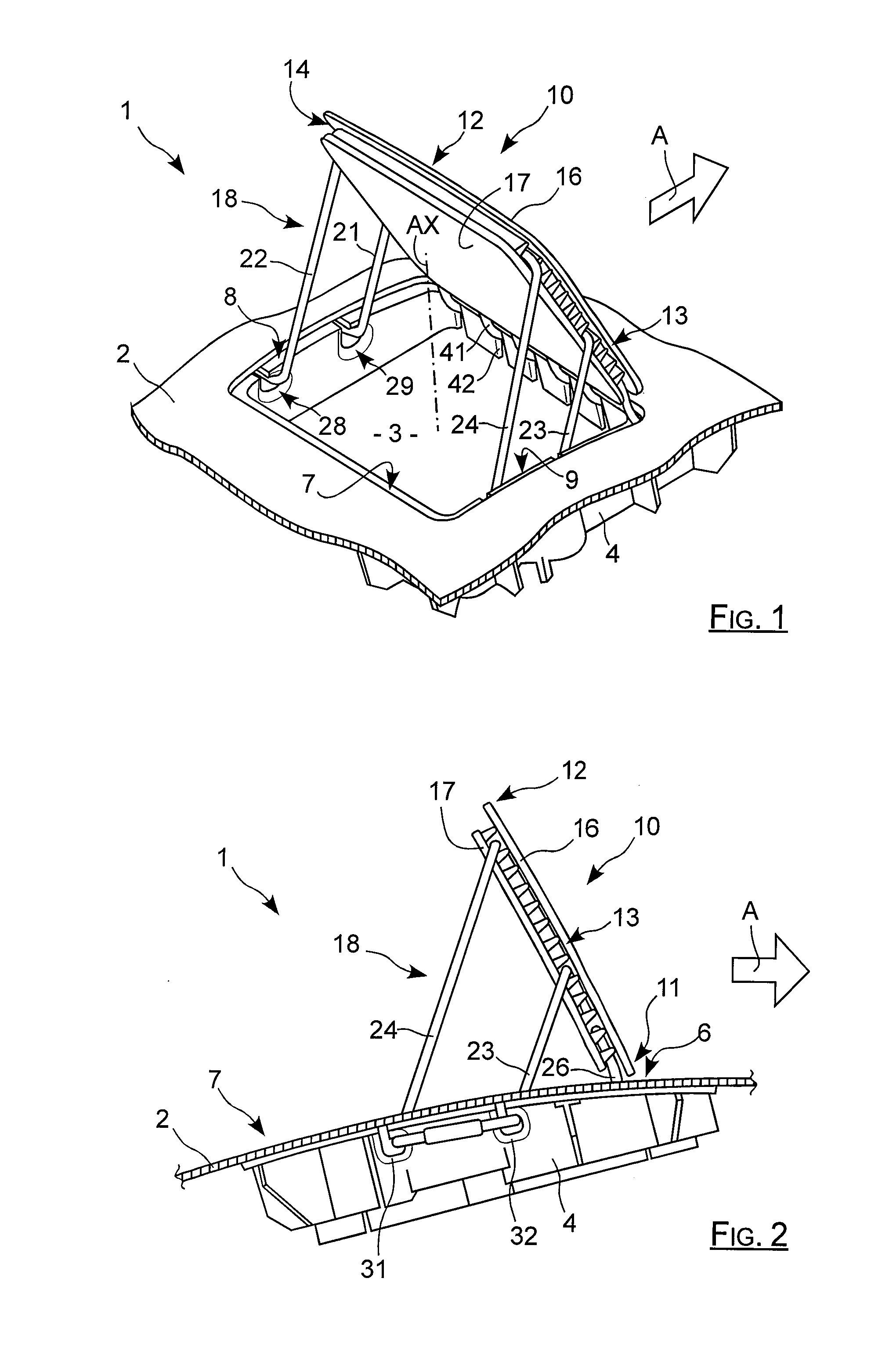 Inflatable airbag arrangement comprising a flap connected to an instrument panel by a linear link having four parallel retaining portions