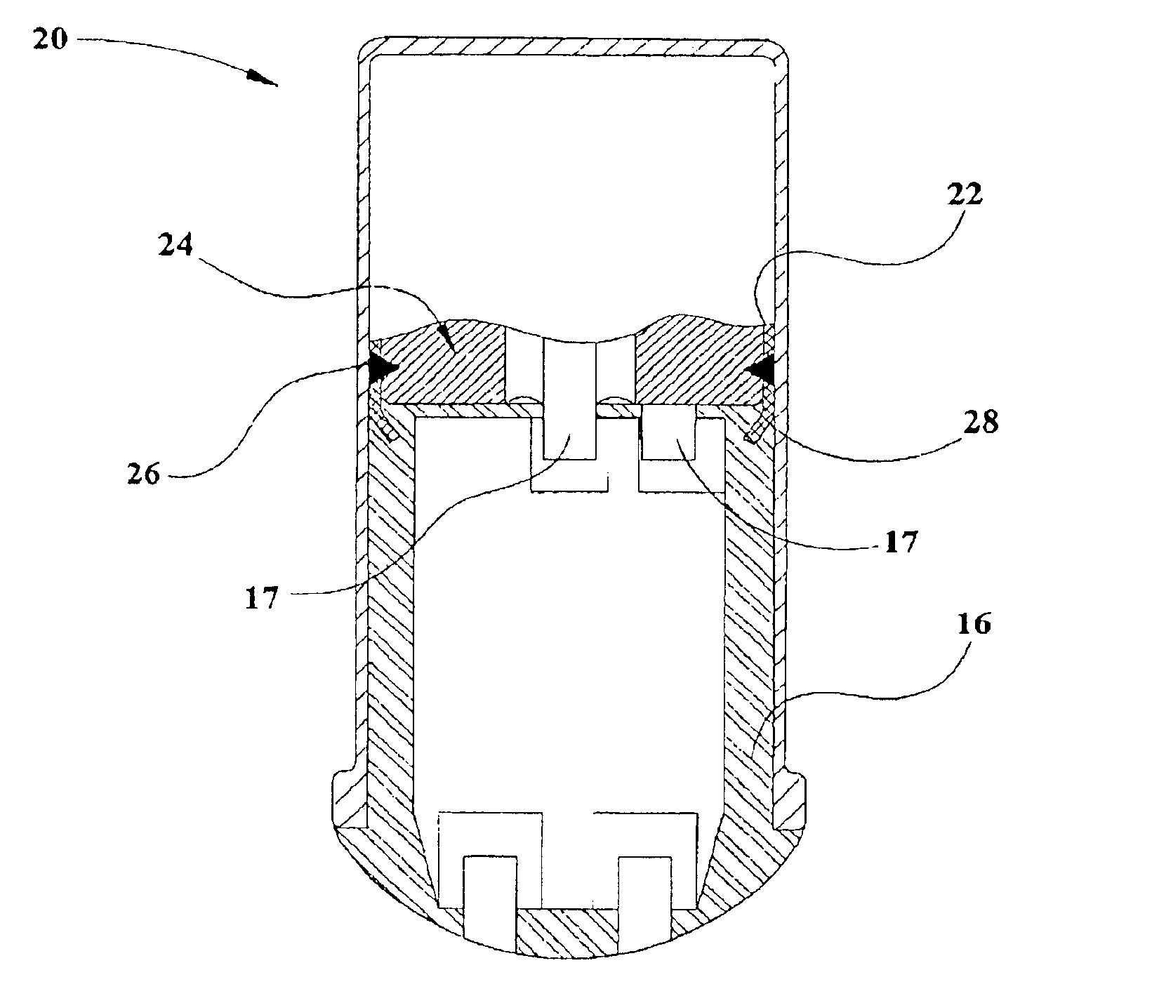 Pyrotechnic initiator having output can with encapsulation material retention feature
