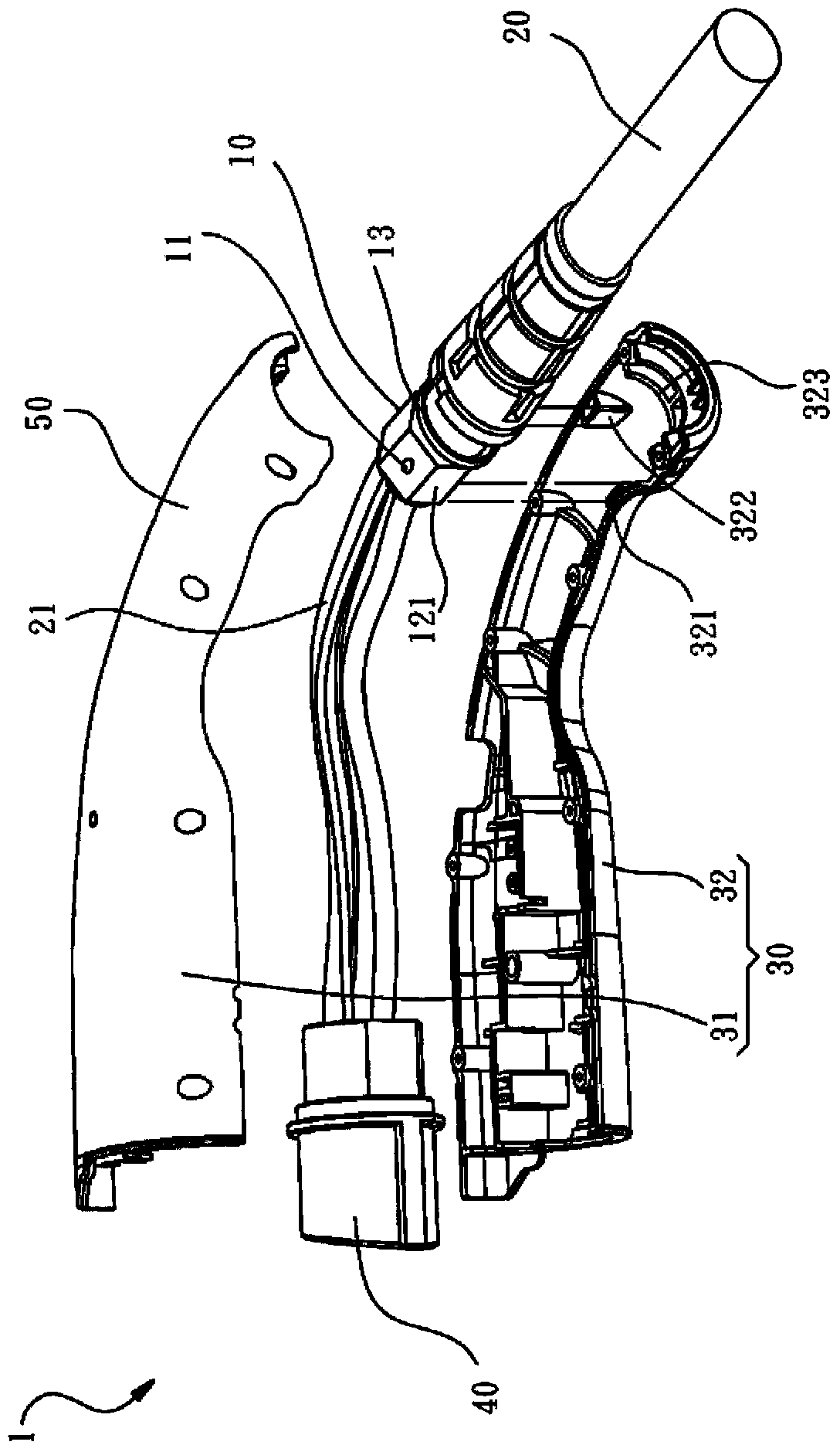Cable positioning element and charging gun using same