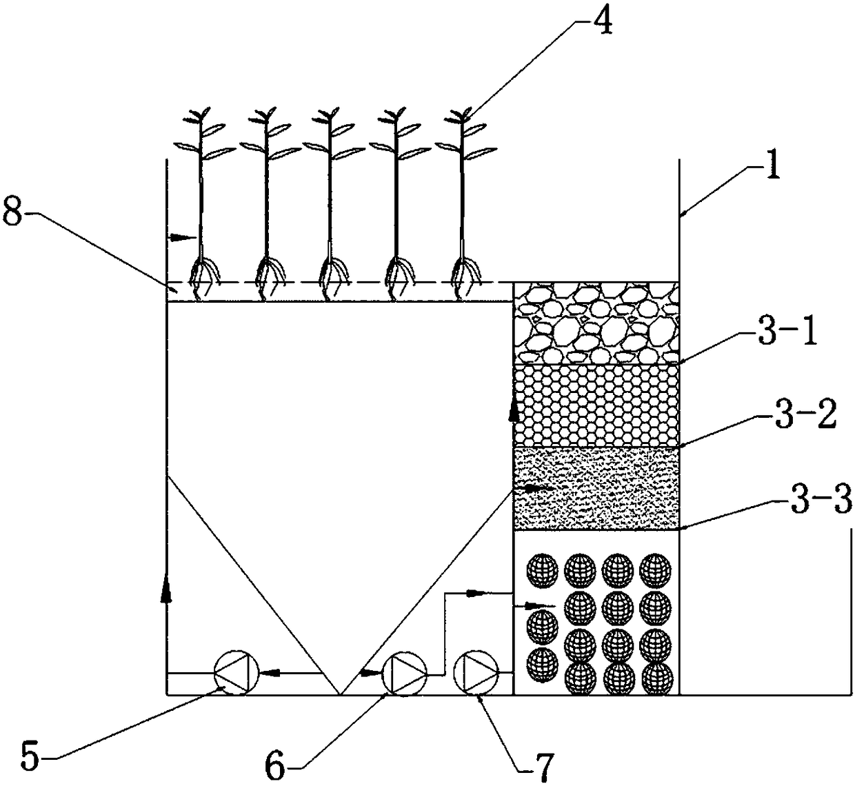 Integral stereoscopic wetland wastewater treatment effluent TN control device and method