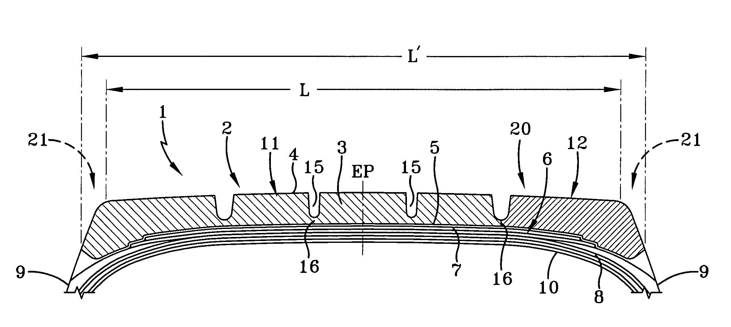 Tire with circumferential rubber tread having a lateral outboard control element
