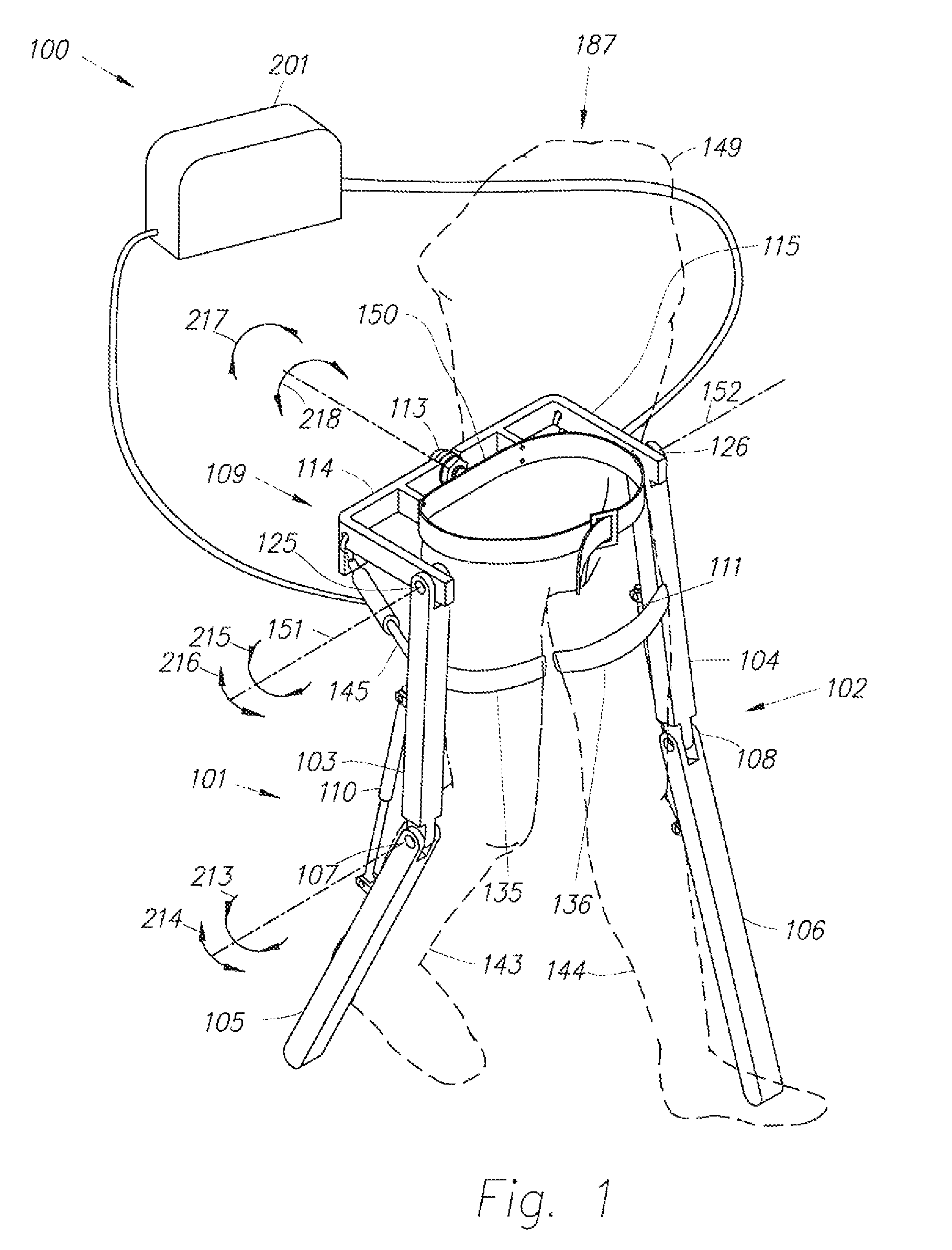 Device and method for decreasing energy consumption of a person by use of a lower extremity exoskeleton