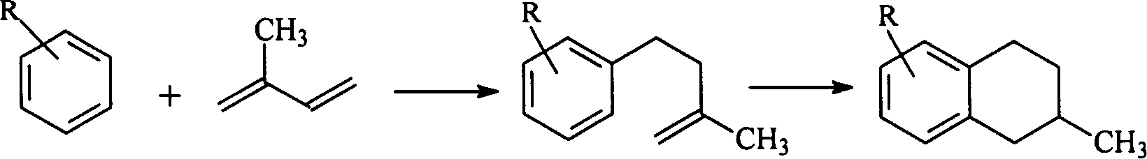 Method of synthesizing alkyl methyl tetra hydronaphthalene using alkyl benzene and isopentadiene as raw material