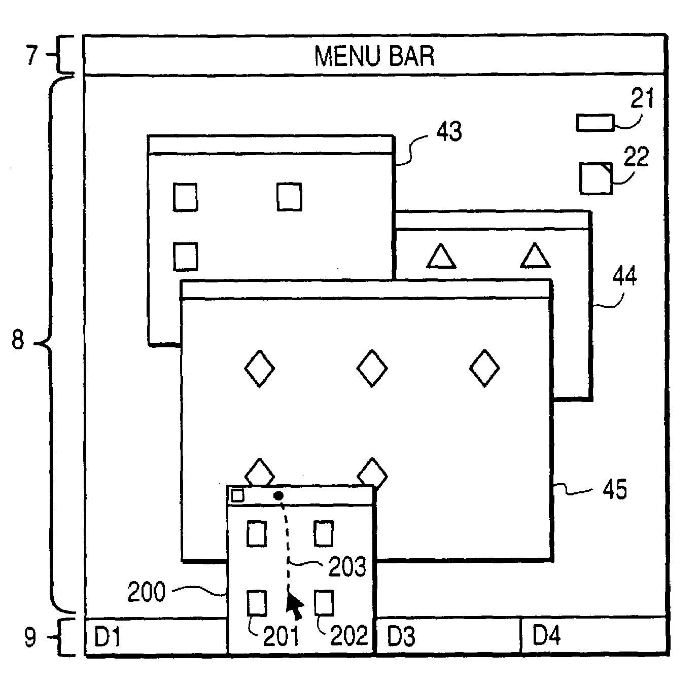 Computer system with graphical user interface including drawer-like windows