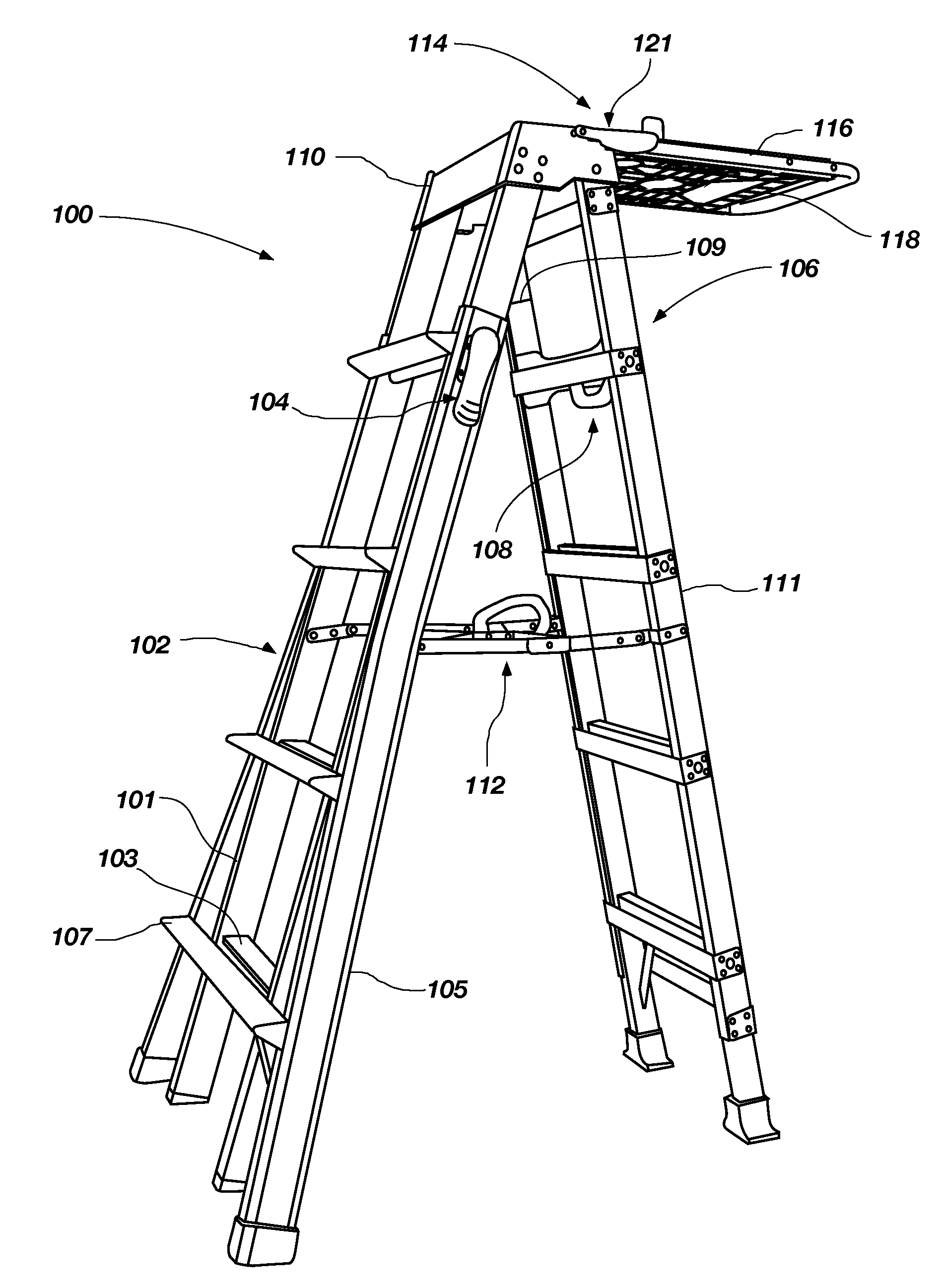 Ladders, ladder components and related methods