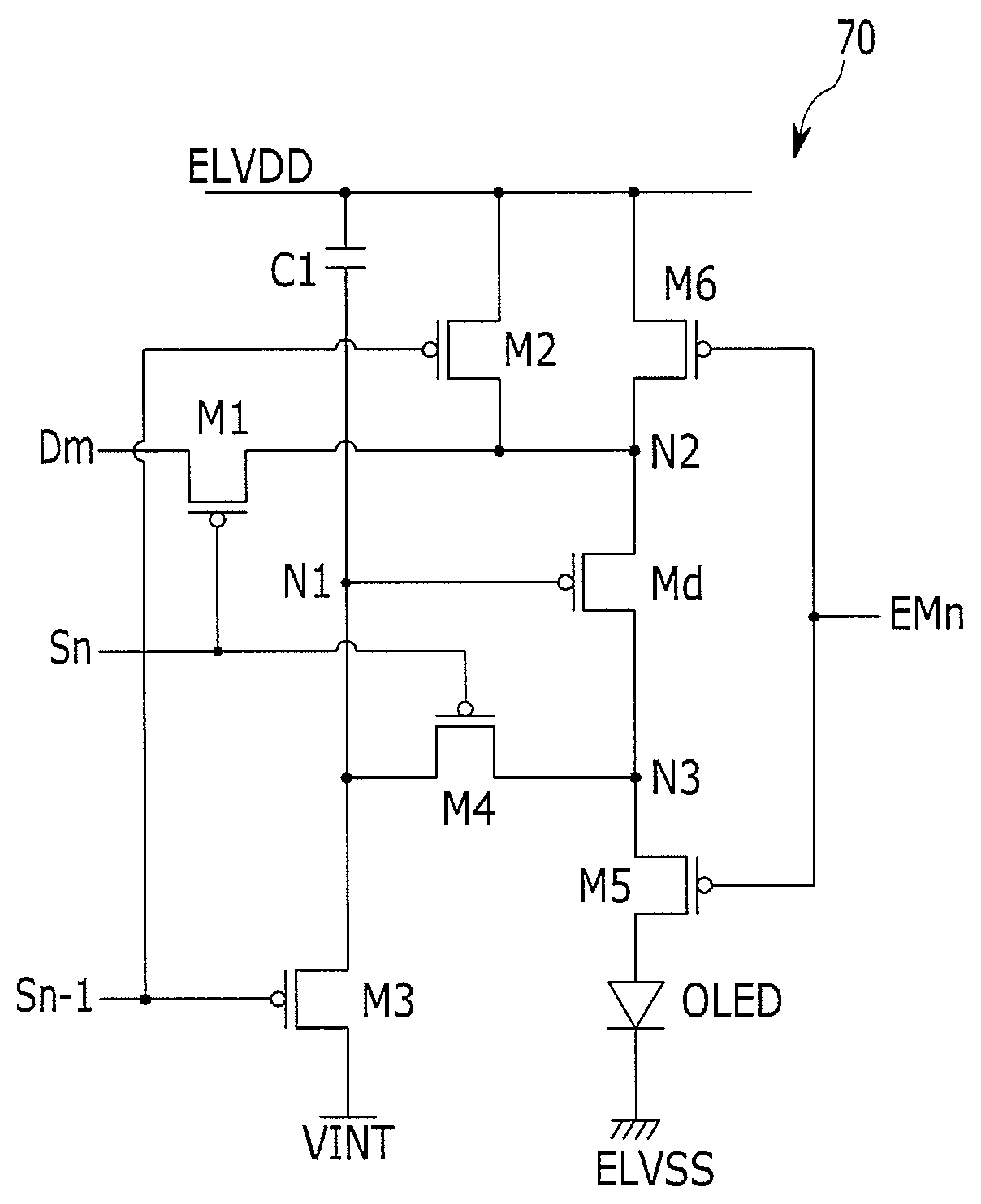 Oled pixel configuration for compensating a threshold variation in the driving transistor, display device including the same, and driving method thereof