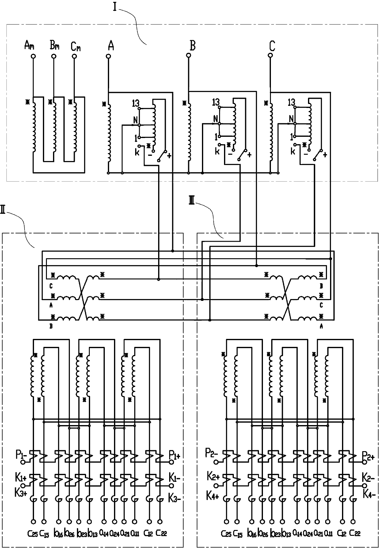 Novel on-load-tap-changing combined rectifier auto-transformer with independent ends