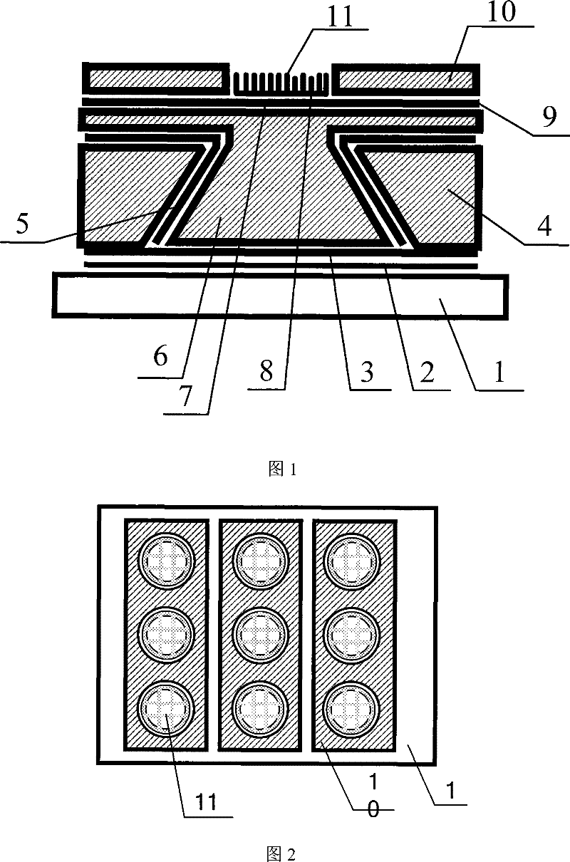 Flat-panel display device with semi-trapezoidal tilt gate-modulated emission structure and its preparing process