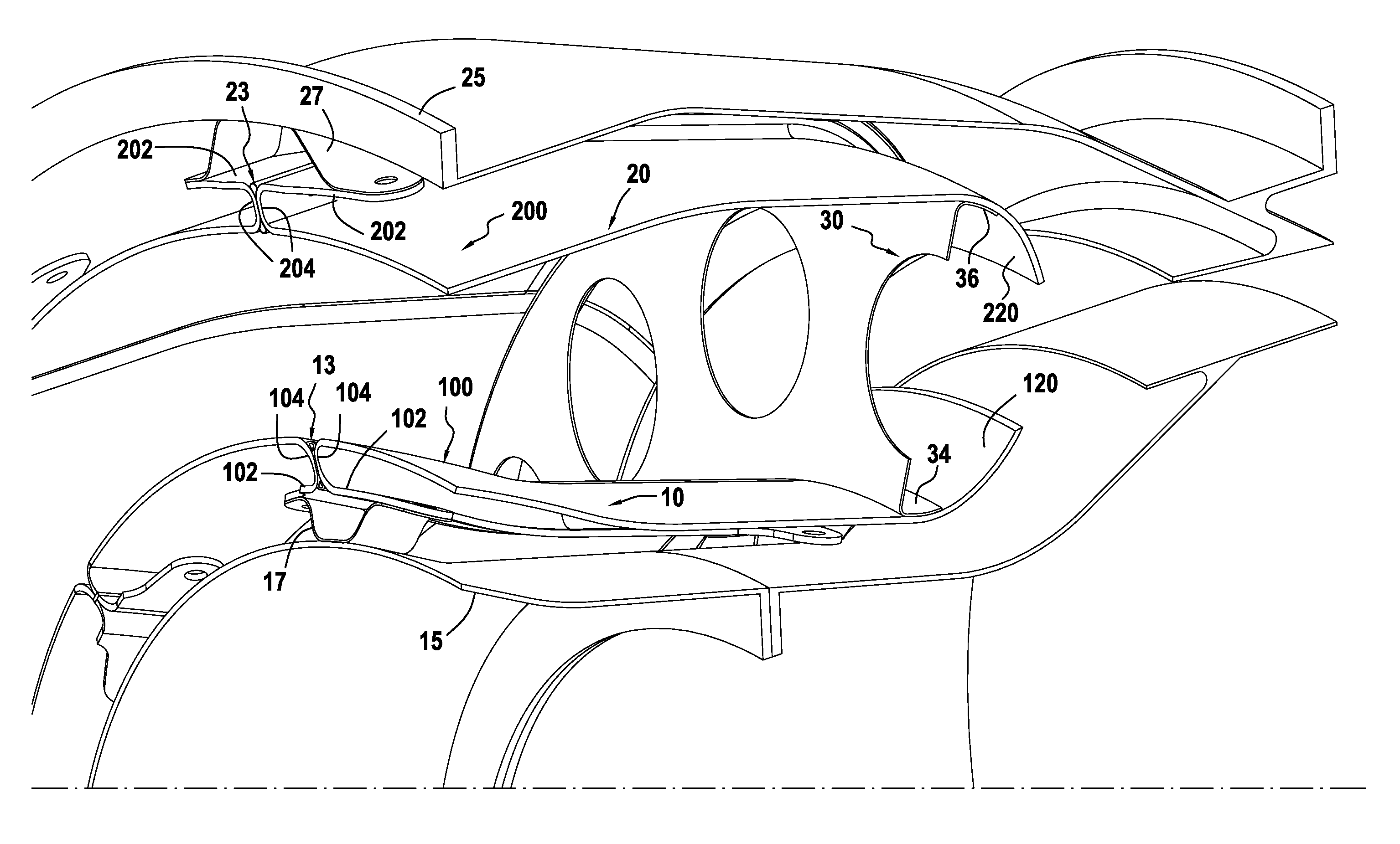 Gas turbine combustion chamber having inner and outer walls subdivided into sectors